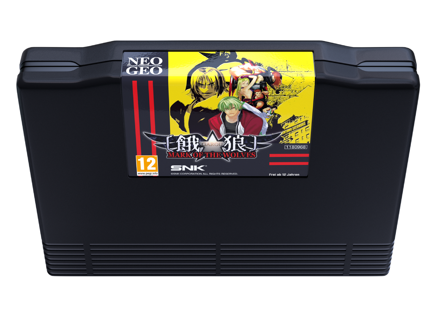 Cartucho de juego negro con etiqueta de Garou: Mark of the Wolves.