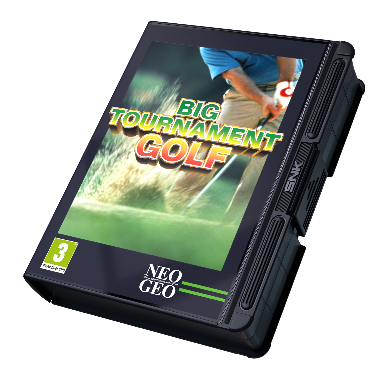 Un golfista blande un palo en un campo verde. Empaque del juego "Big Tournament Golf".