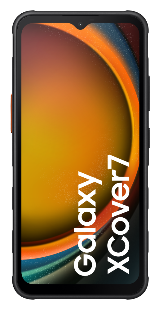 Czarny smartfon z pomarańczowym akcentem i tapetą.