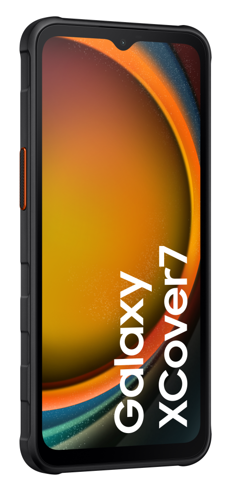 Czarny smartfon z napisem Galaxy Xcover 7 i pomarańczowym tłem.