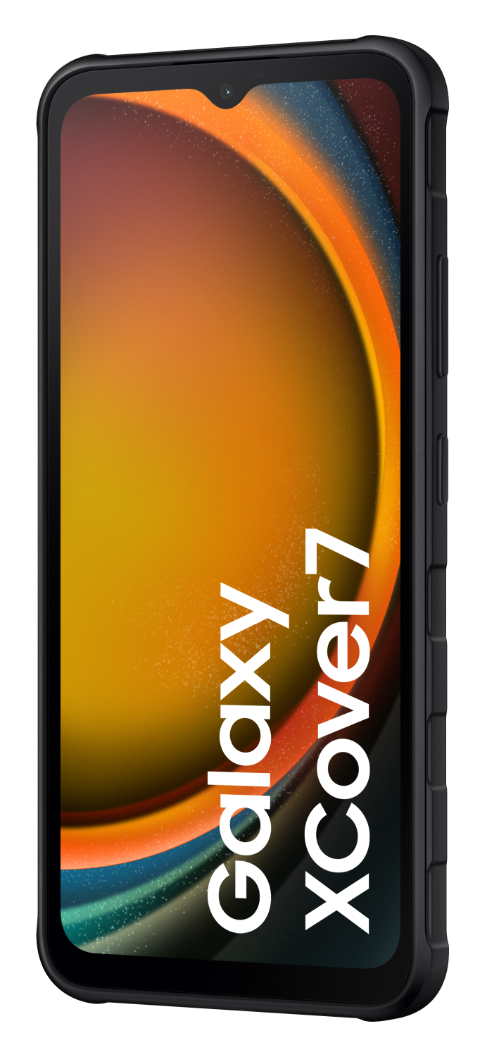 Czarny smartfon z napisem Galaxy XCover7 na czarnym tle.