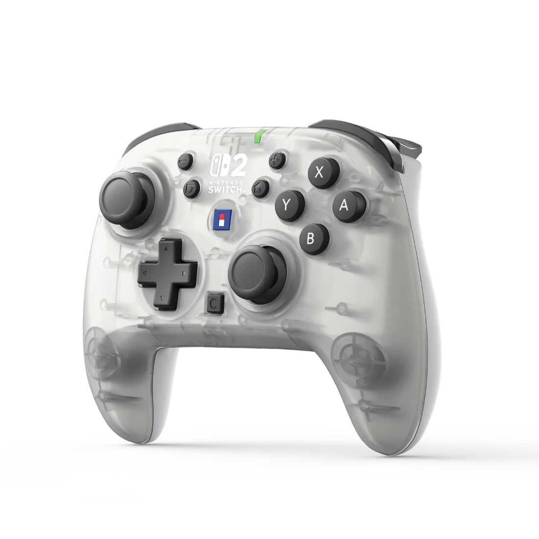 Un controlador transparente blanco de Nintendo Switch con botones negros.