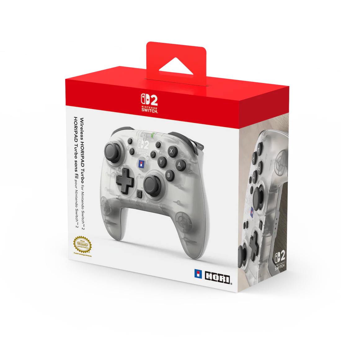Controlador transparente de Nintendo Switch en caja roja y blanca.