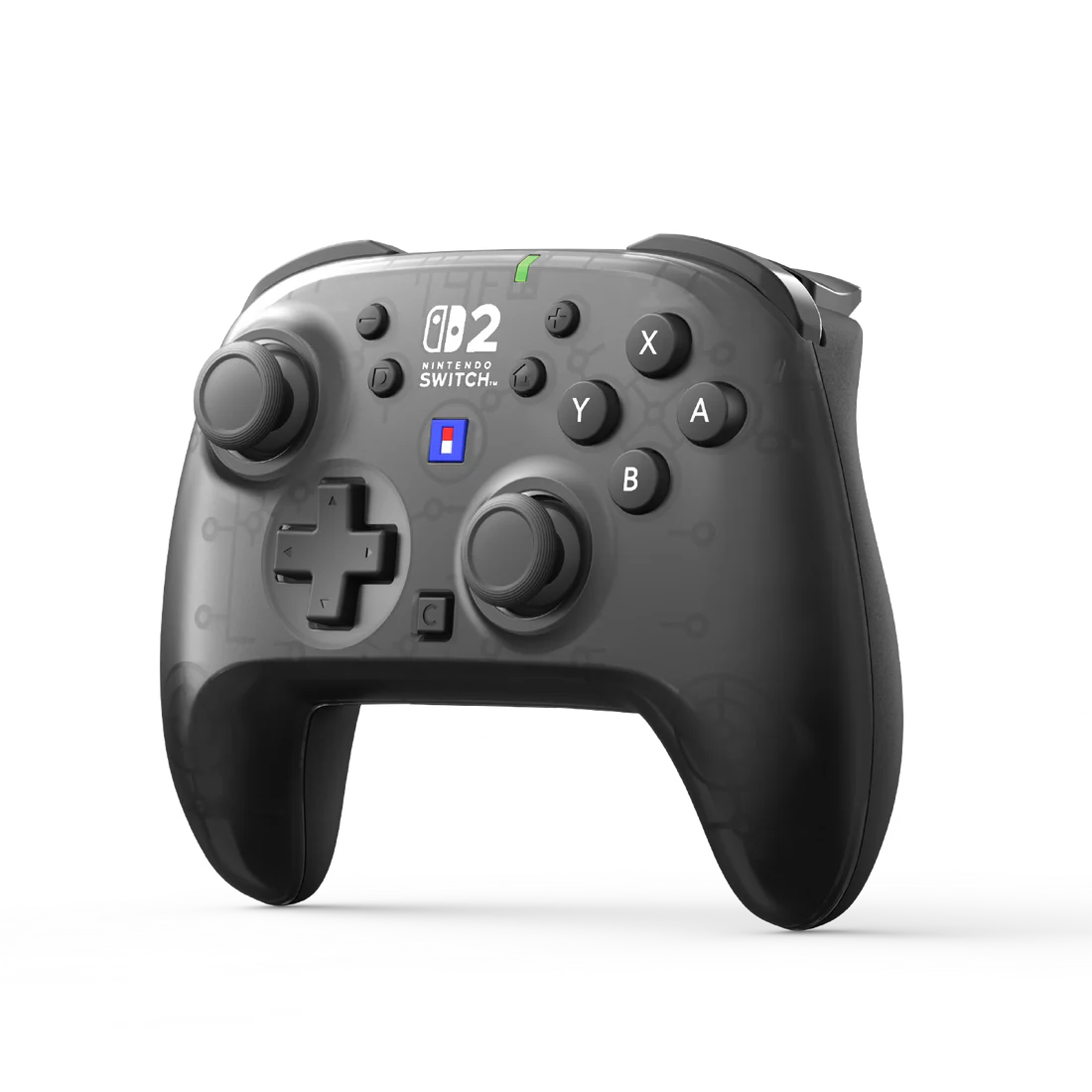 Un mando gris de Nintendo Switch Pro con carcasa transparente y botones negros.