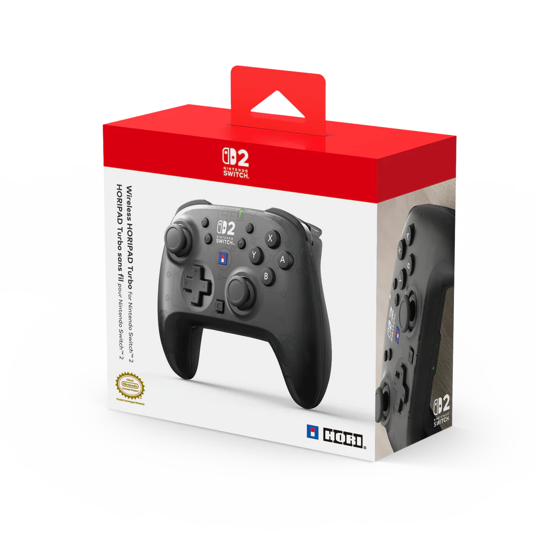 Un controlador HORIPAD Turbo negro de Nintendo Switch se muestra en su caja roja y blanca.