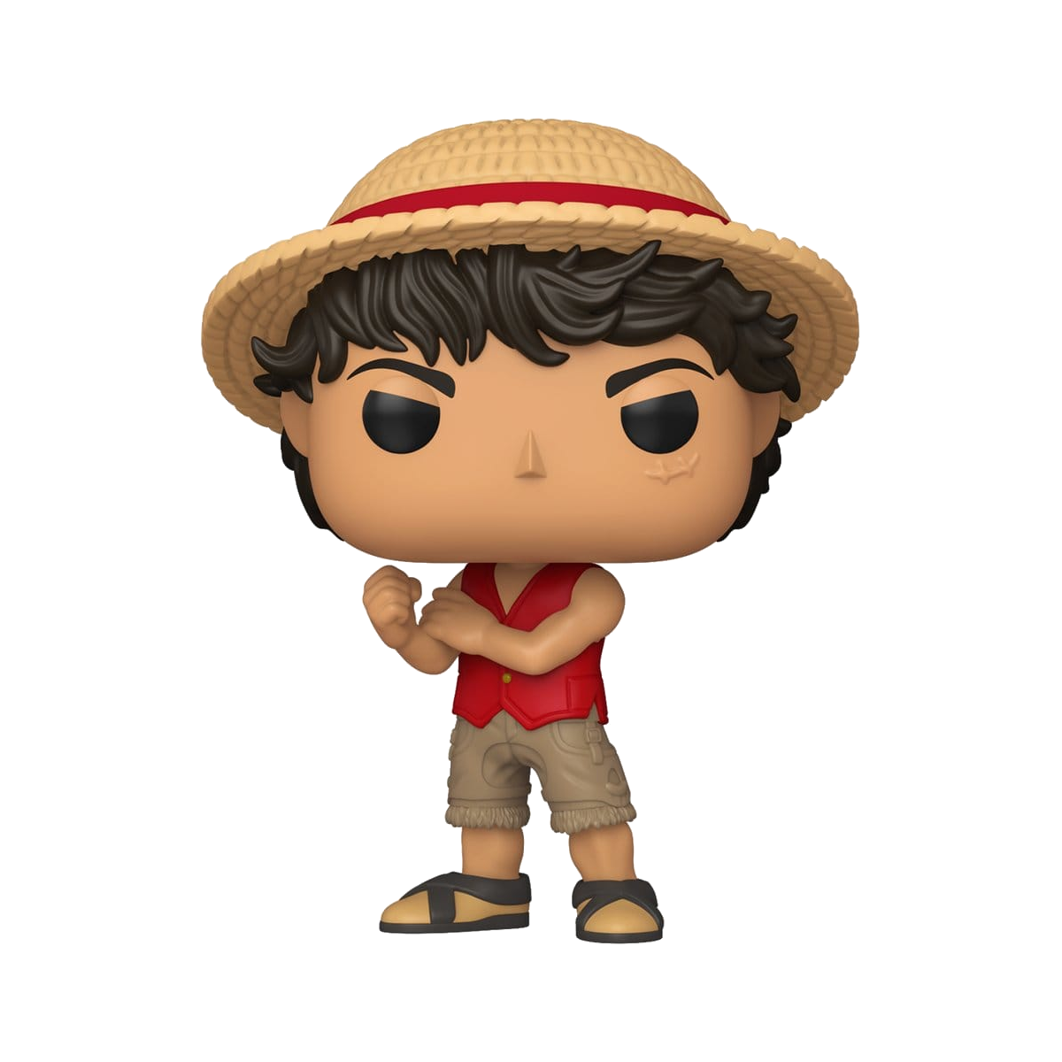 Una figura Funko con sombrero de paja, chaleco rojo y pantalones cortos.