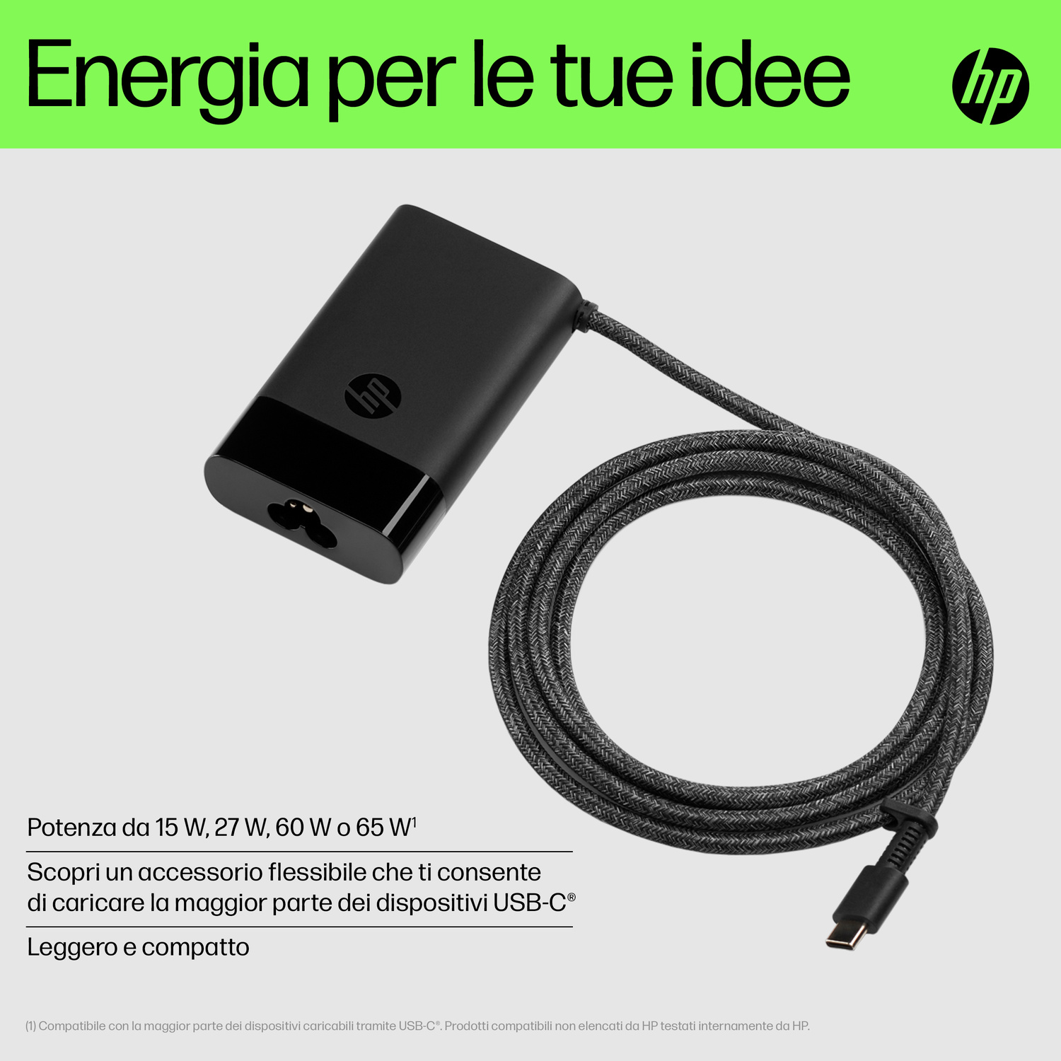 Alimentatore HP nero con cavo USB-C, 15W, 27W, 60W o 65W.