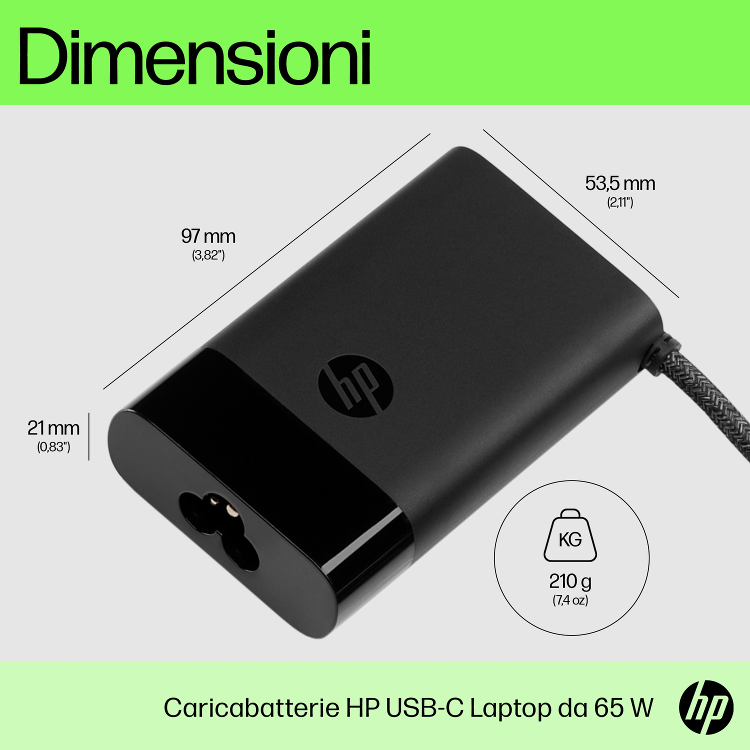 Alimentatore HP USB-C nero 97x53,5x21mm, 210g.