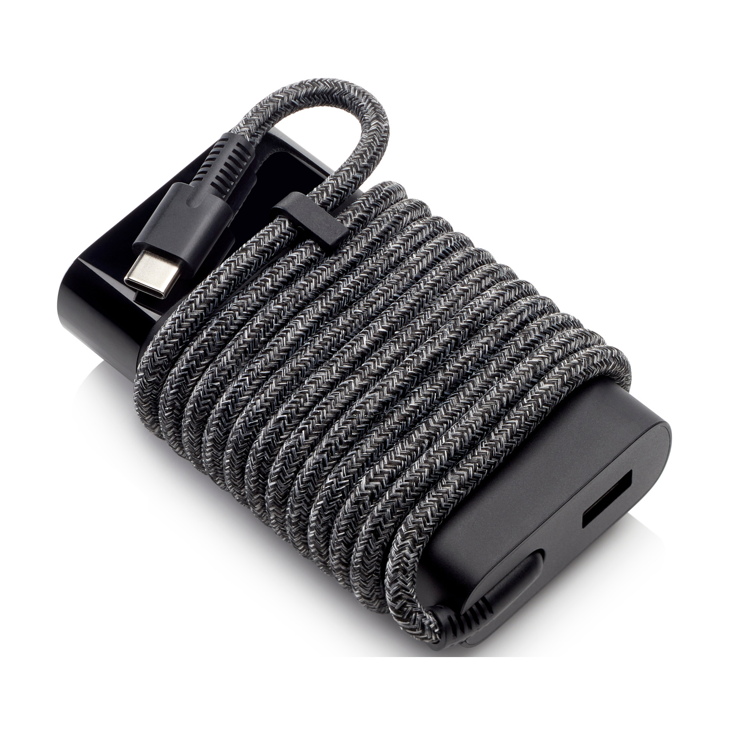Caricatore USB-C nero con cavo grigio avvolto attorno.
