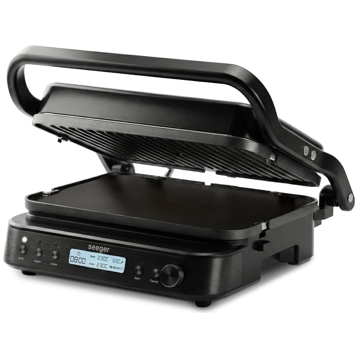 Black contact grill with lid open and digital display.