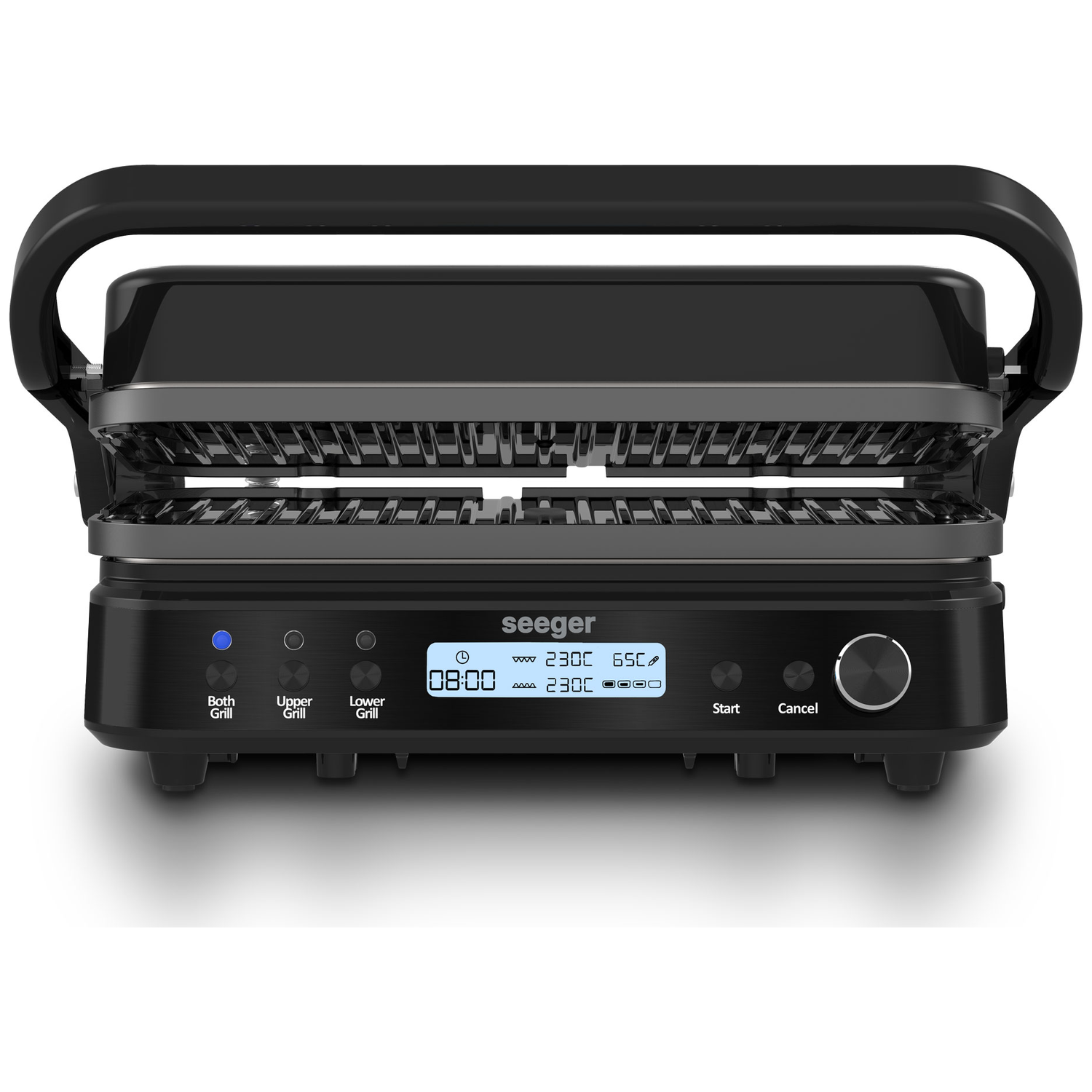 Black contact grill with LCD display and control buttons.