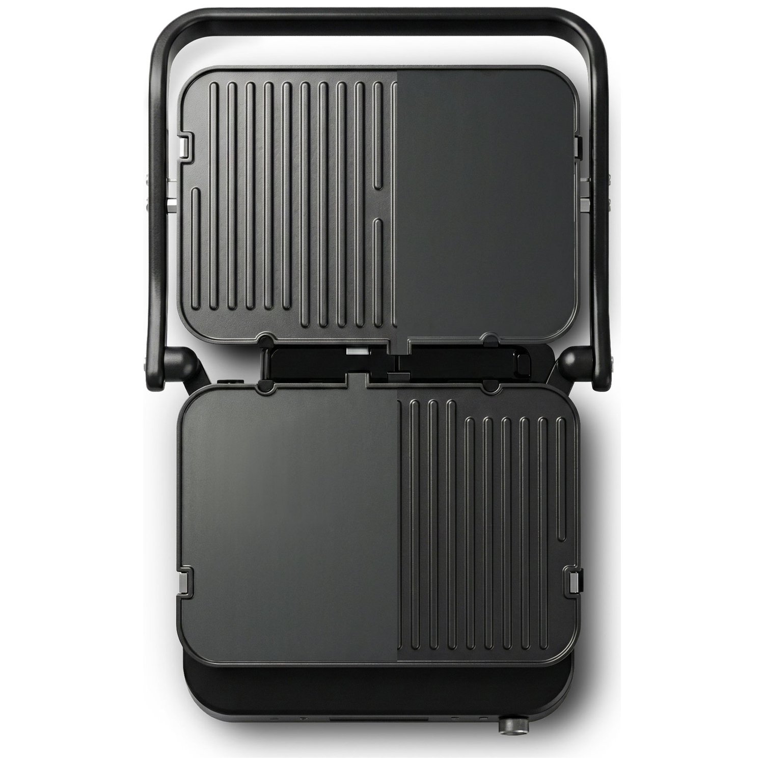 An open, black contact grill with ridged heating plates on a white background.