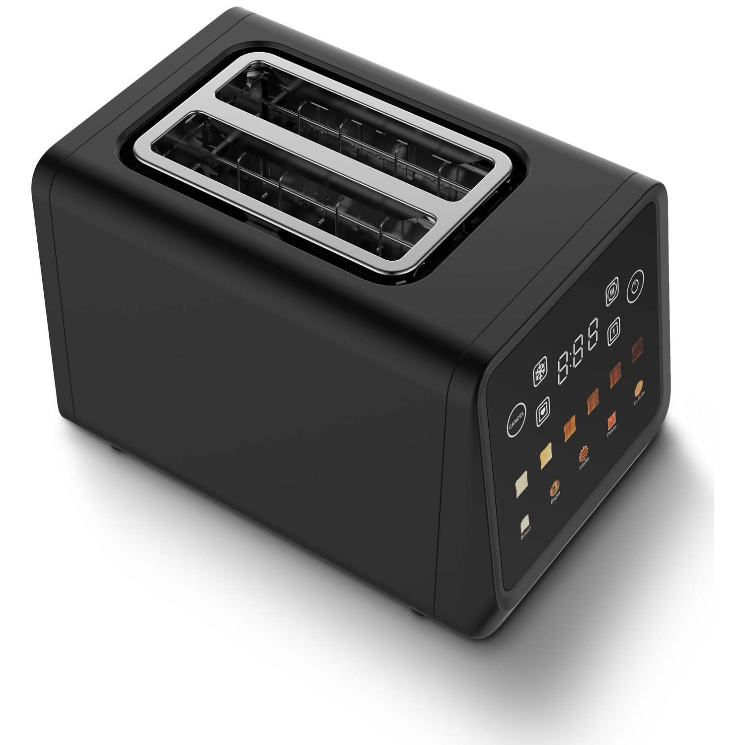 A black two-slice toaster with a digital control panel.
