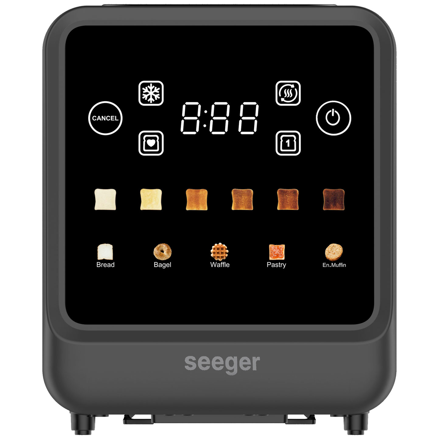 A dark toaster with a digital display showing toasting options.