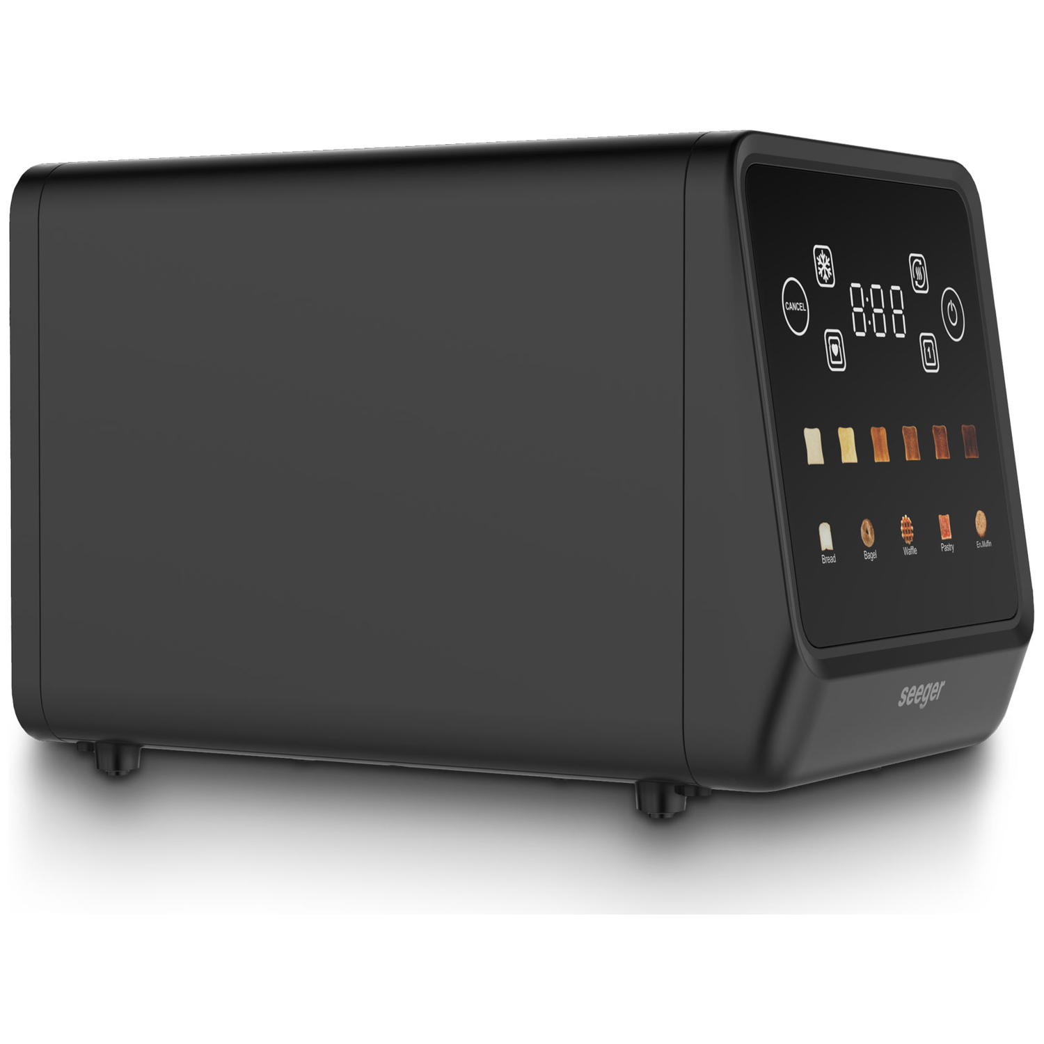 A black modern toaster with a digital display and various bread options.
