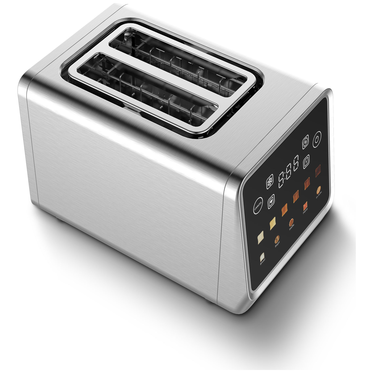 A modern silver toaster with two slots and a digital control panel.
