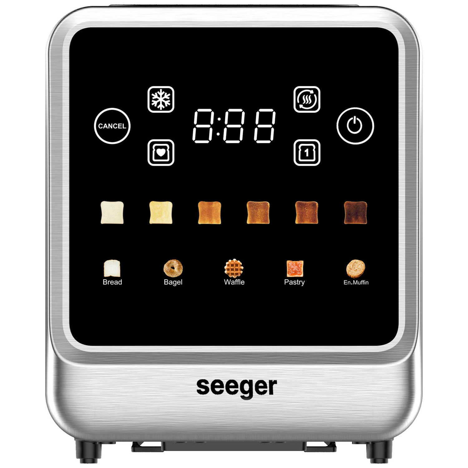Silver toaster with digital display and images of toast.