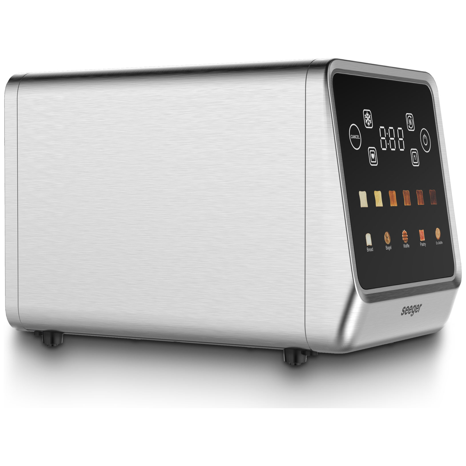 Brushed silver toaster with digital display showing toast settings and clock.