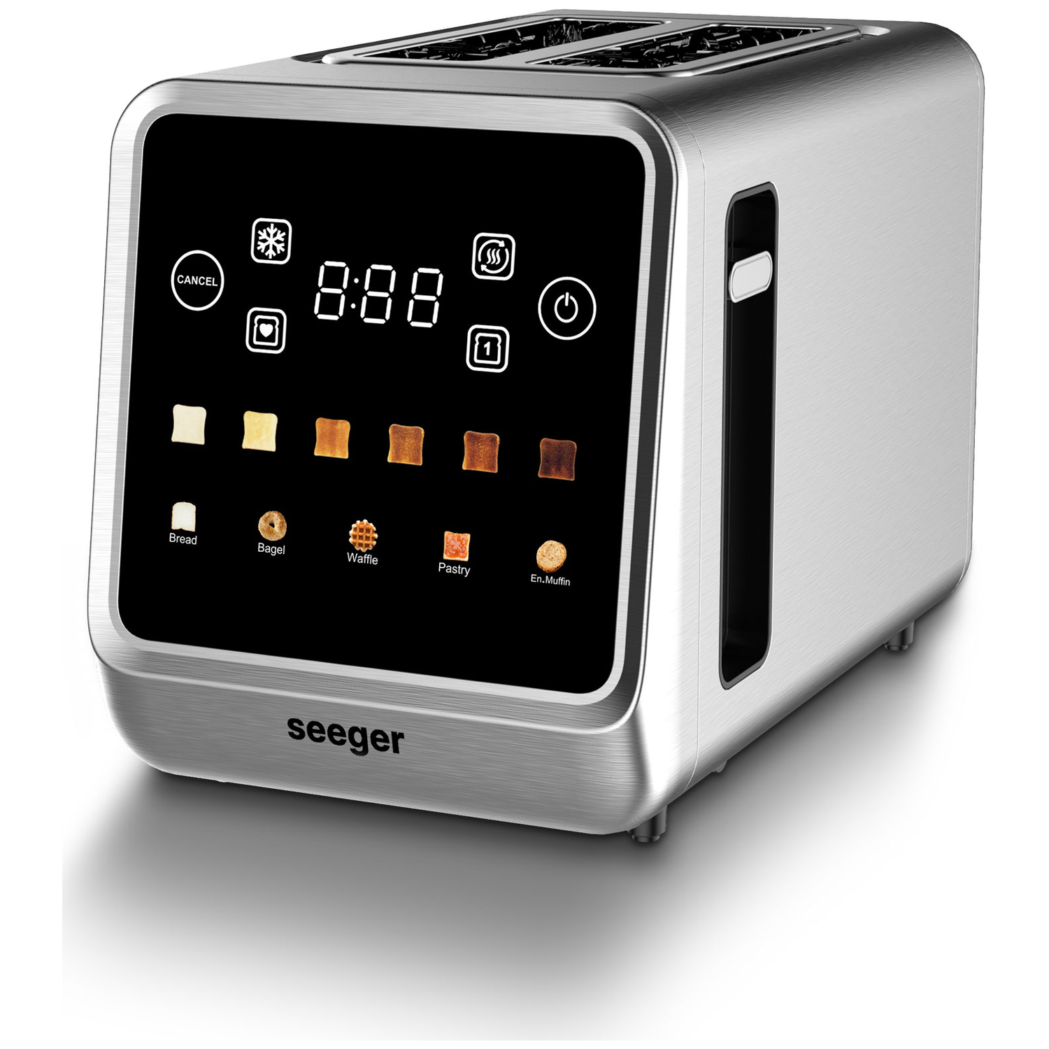 Silver toaster with black touchscreen display showing various bread options.