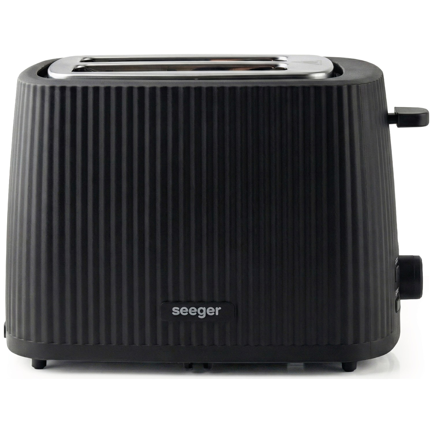 Black toaster with vertical ridges and silver slots. Seeger logo.