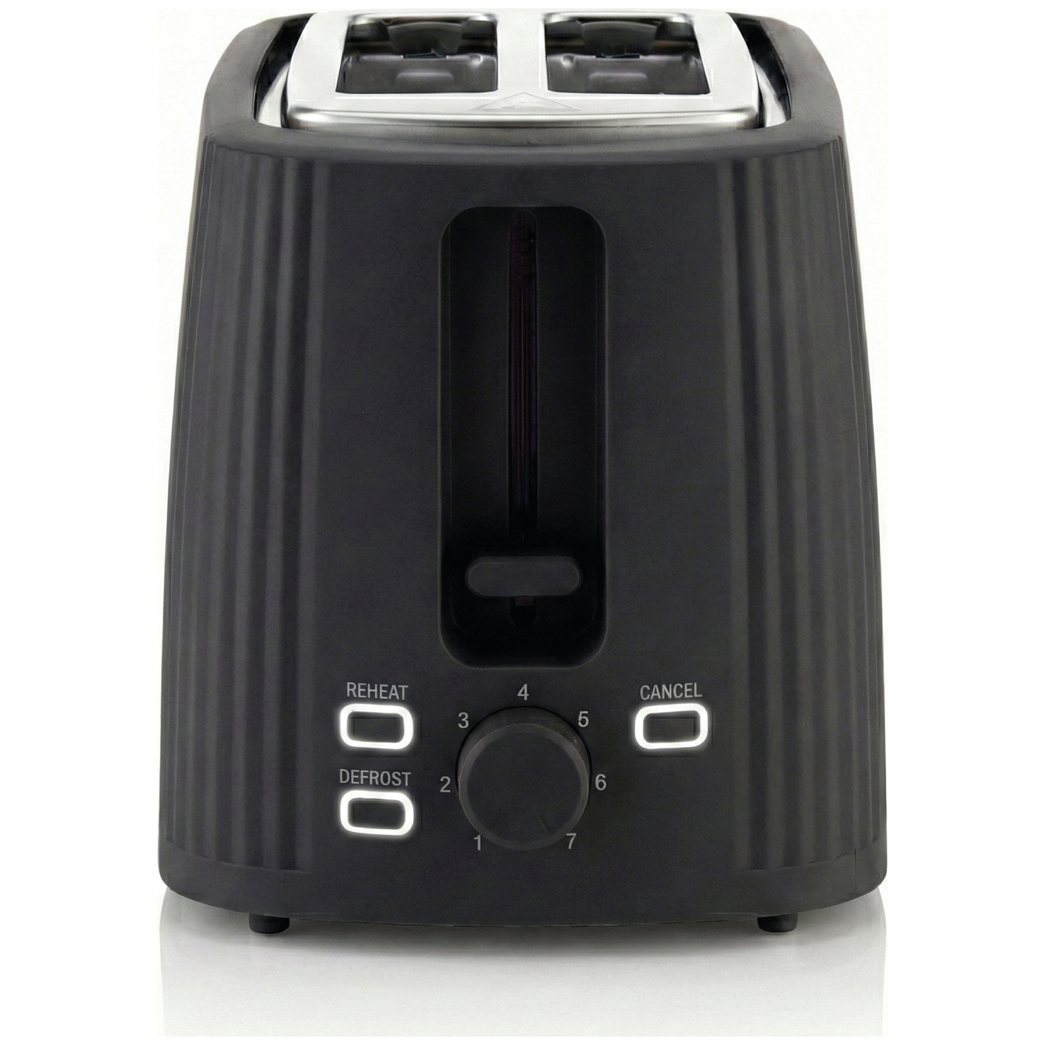 A black vertical ribbed toaster with chrome slots and control buttons.