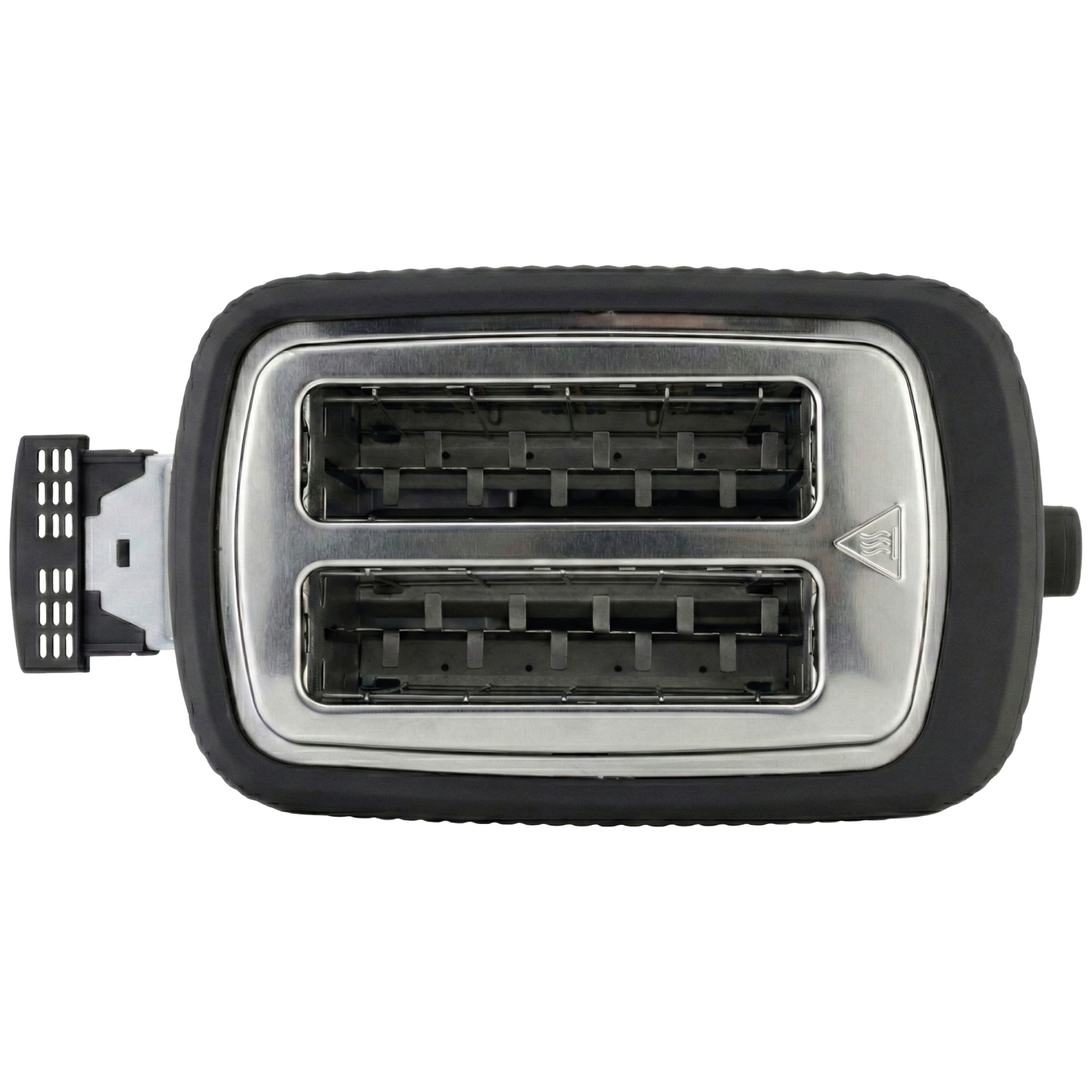 A black two-slot toaster with chrome accents, viewed from above.