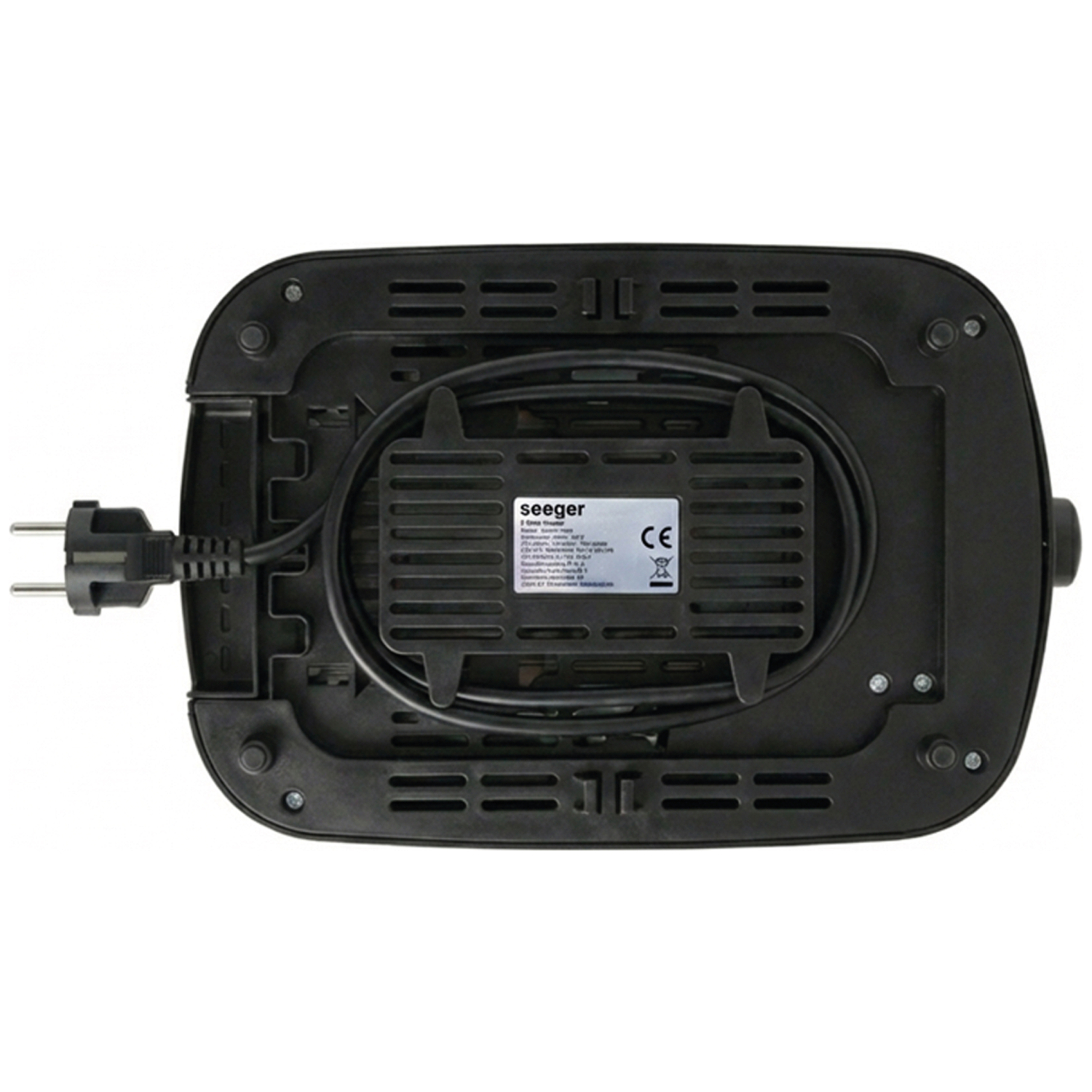 Bottom view of a black appliance with visible cord and plug.