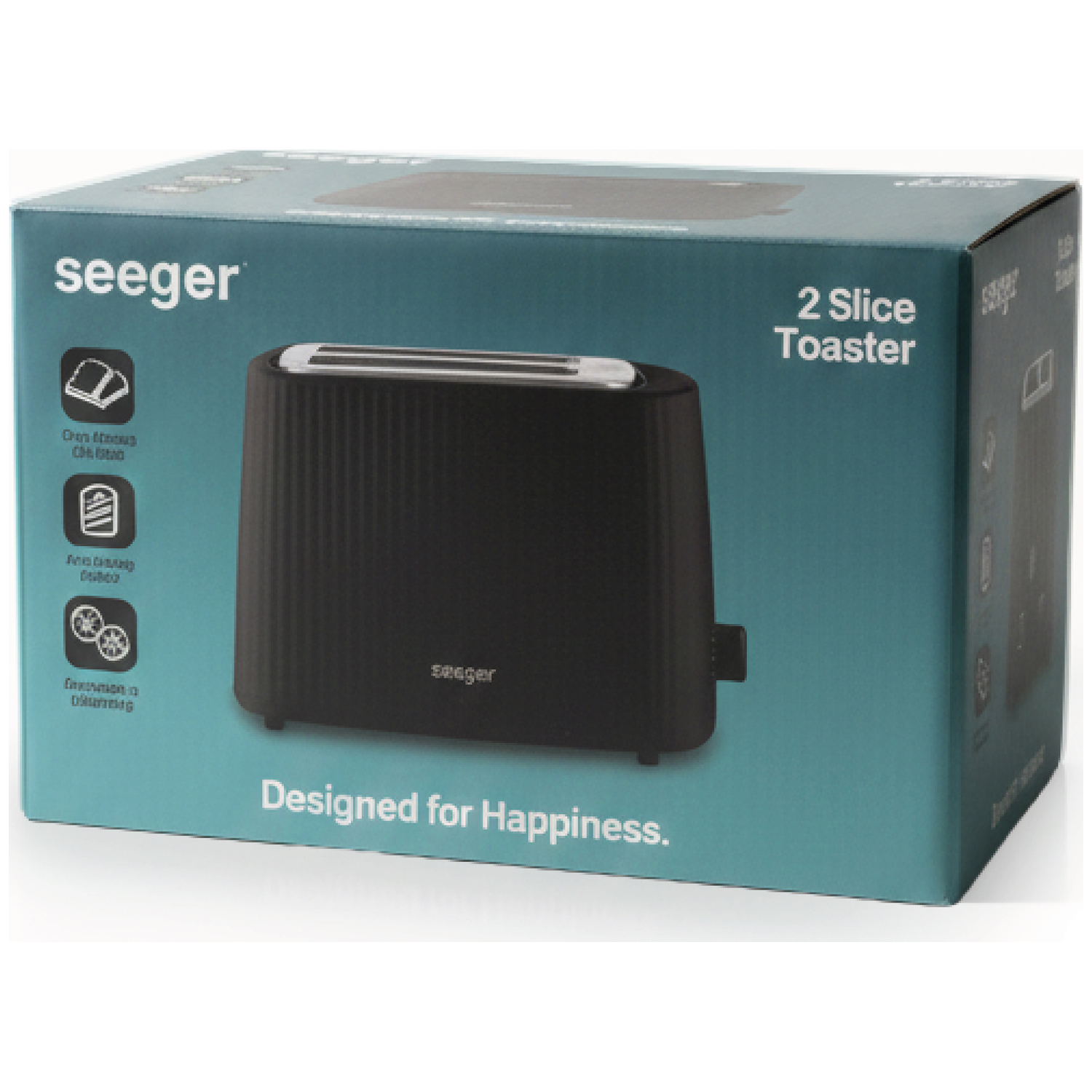 Black Seeger 2-slice toaster on teal packaging with text.