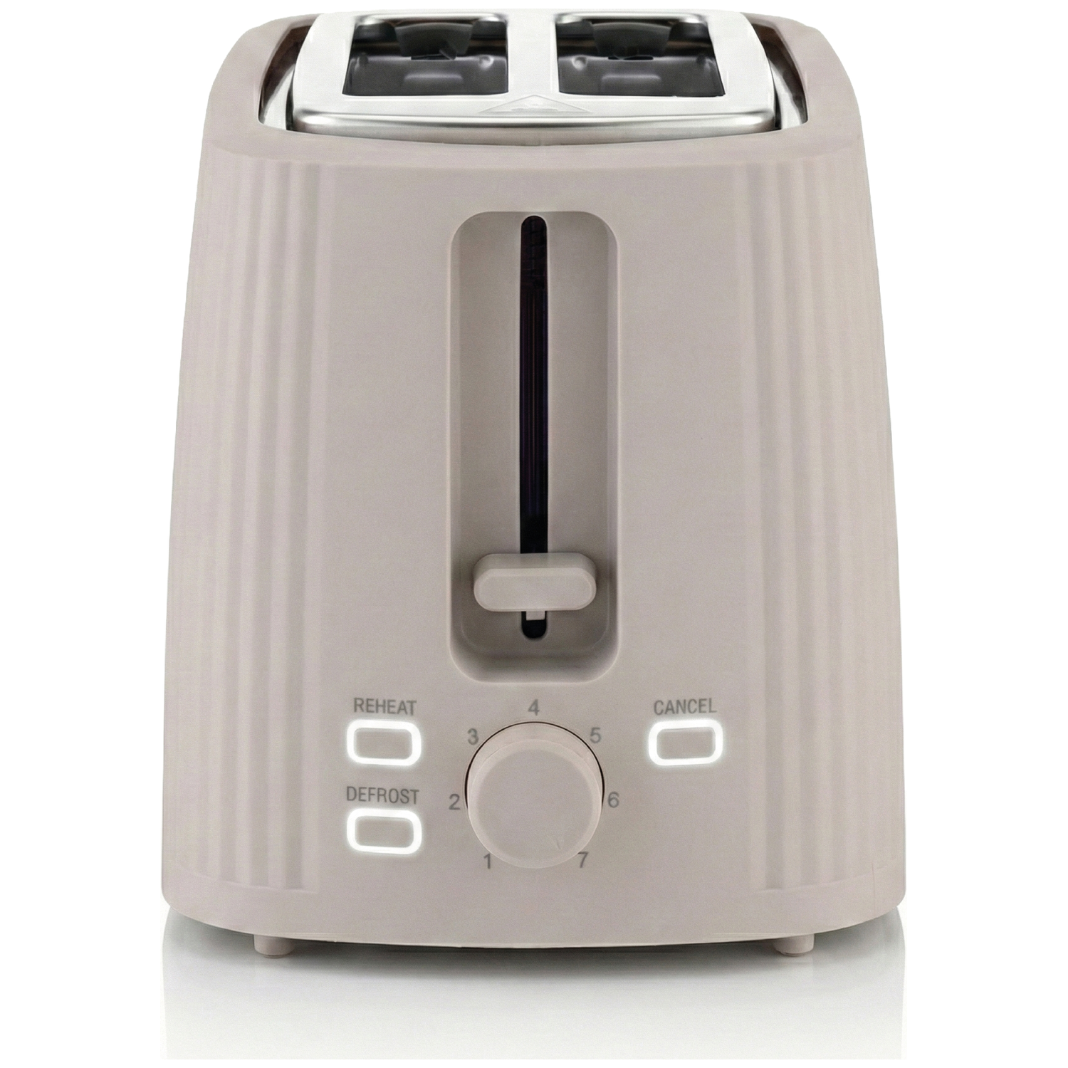 A cream-colored, ribbed toaster with two slots and control buttons.