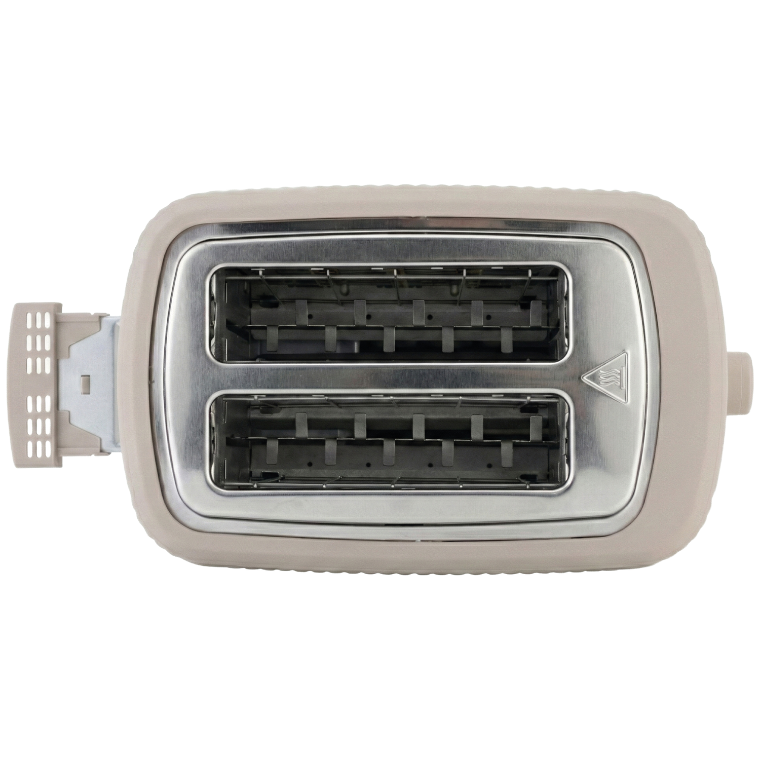 A light-colored toaster with two slots and silver heating elements.