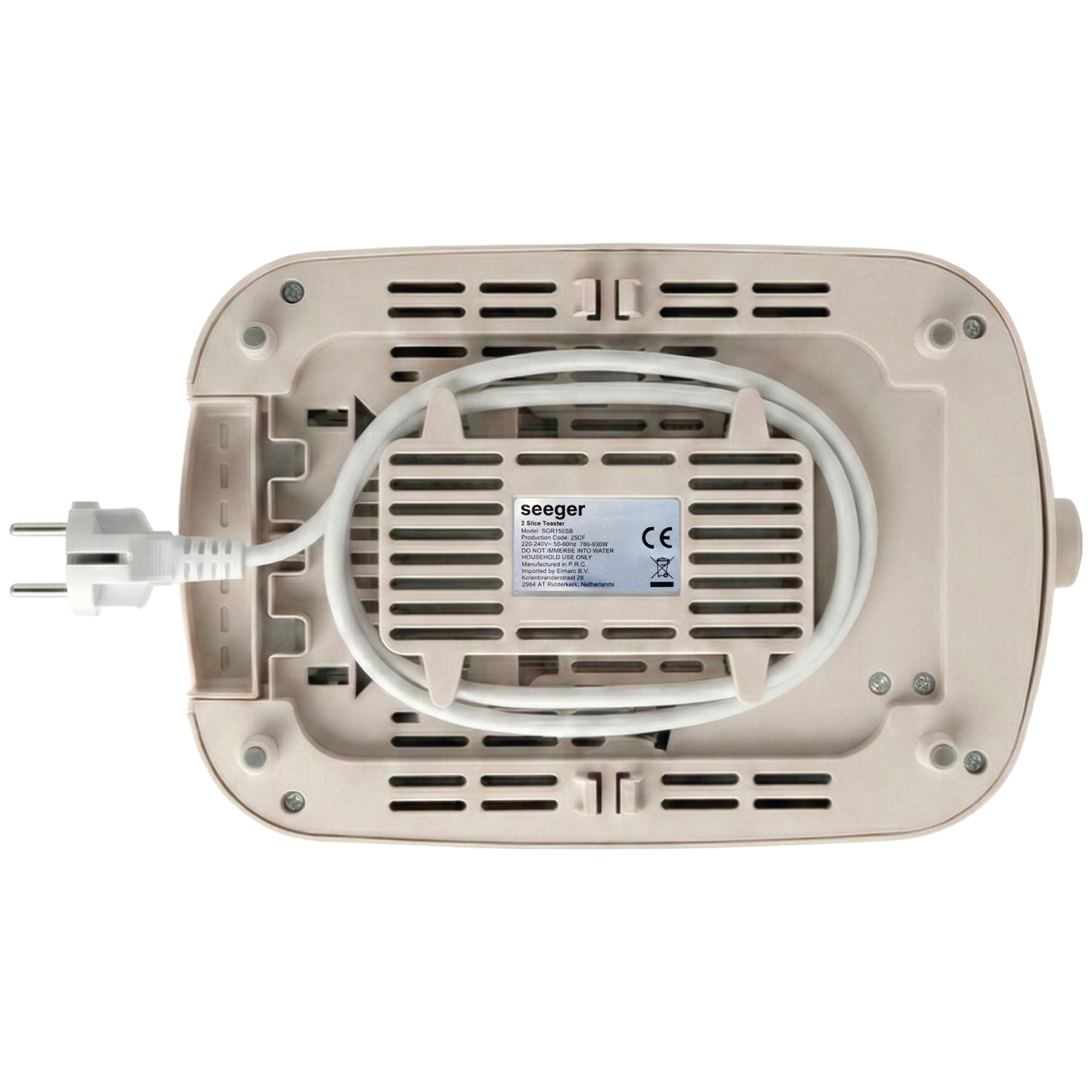 Underside of a cream-colored toaster with a white cord and plug.
