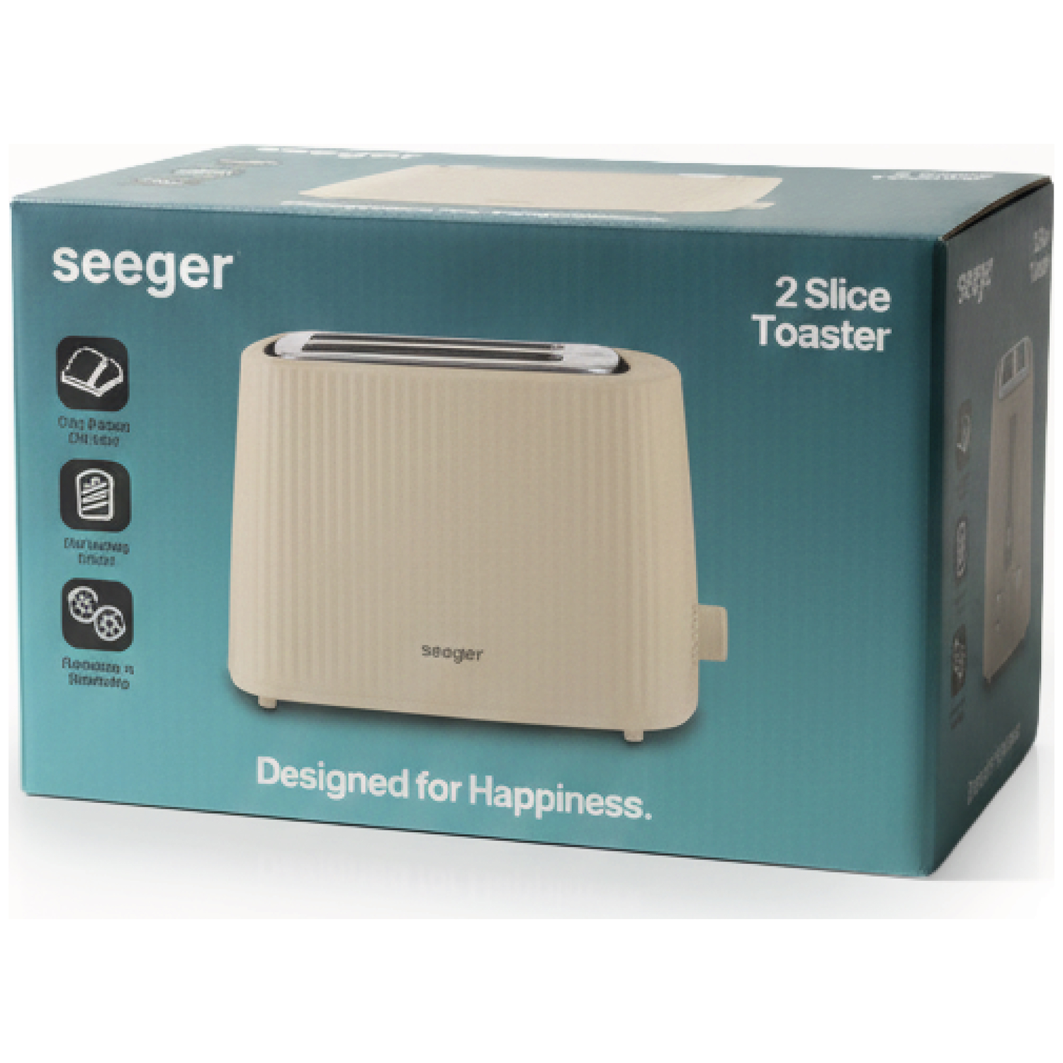Beige Seeger 2-slice toaster on dark blue box with product features.