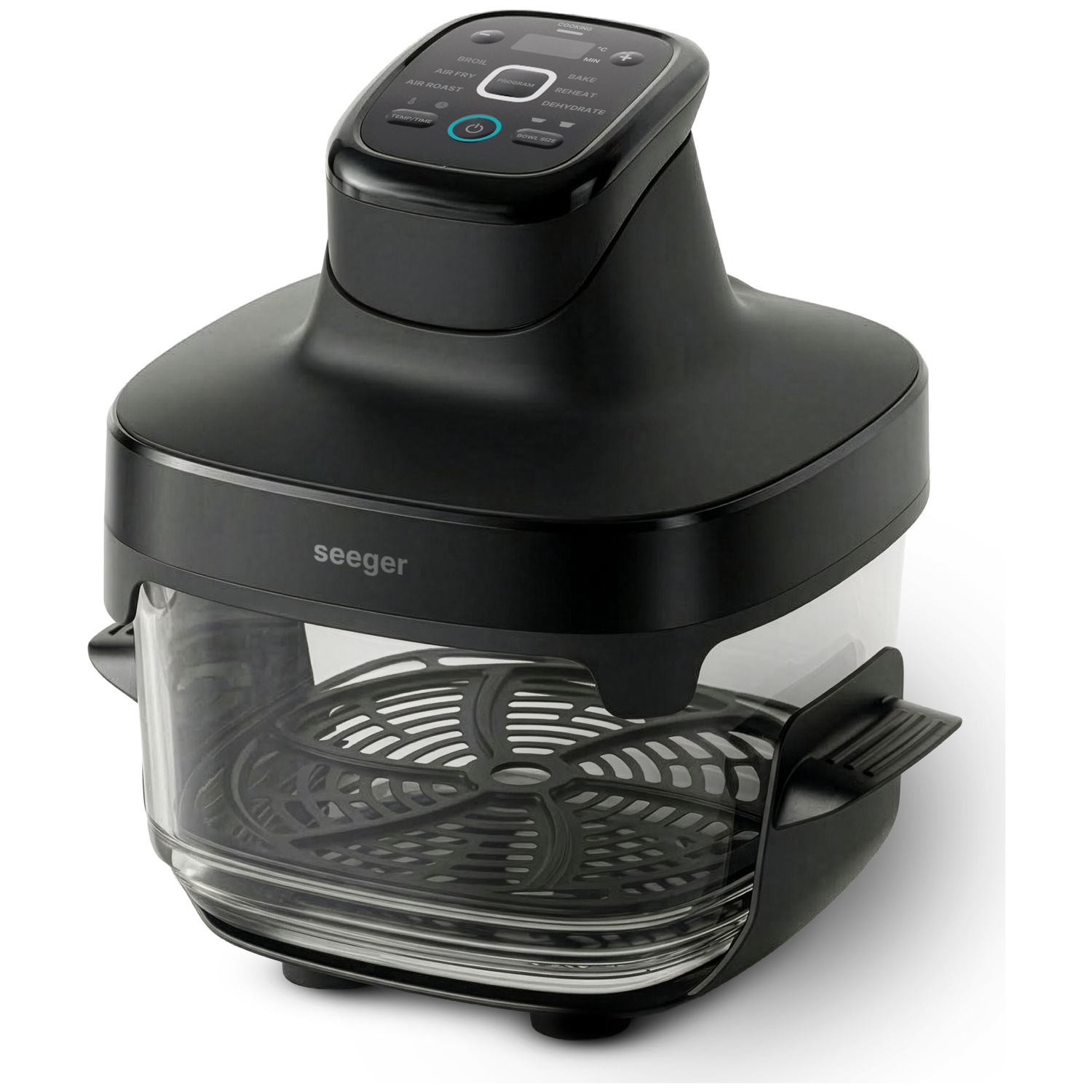 Black Seeger air fryer with glass bowl and control panel.