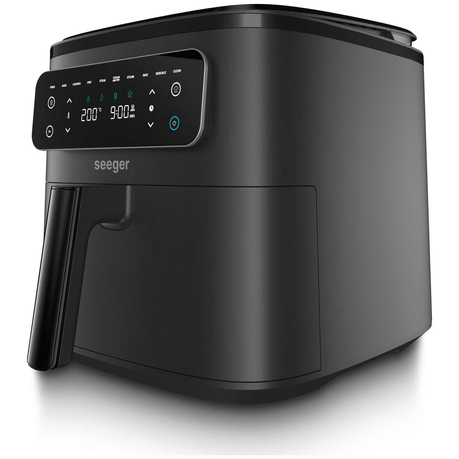 Black Seeger air fryer with digital controls for temperature and time.