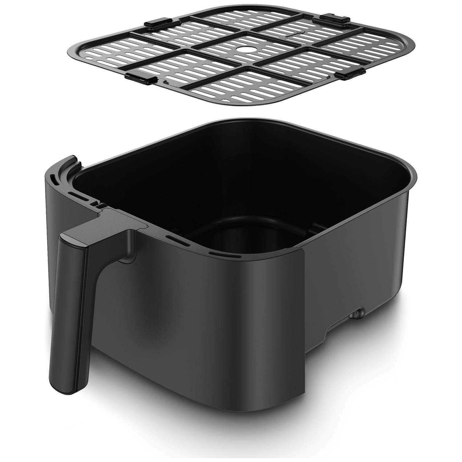 Black air fryer basket with handle and separate grill rack.