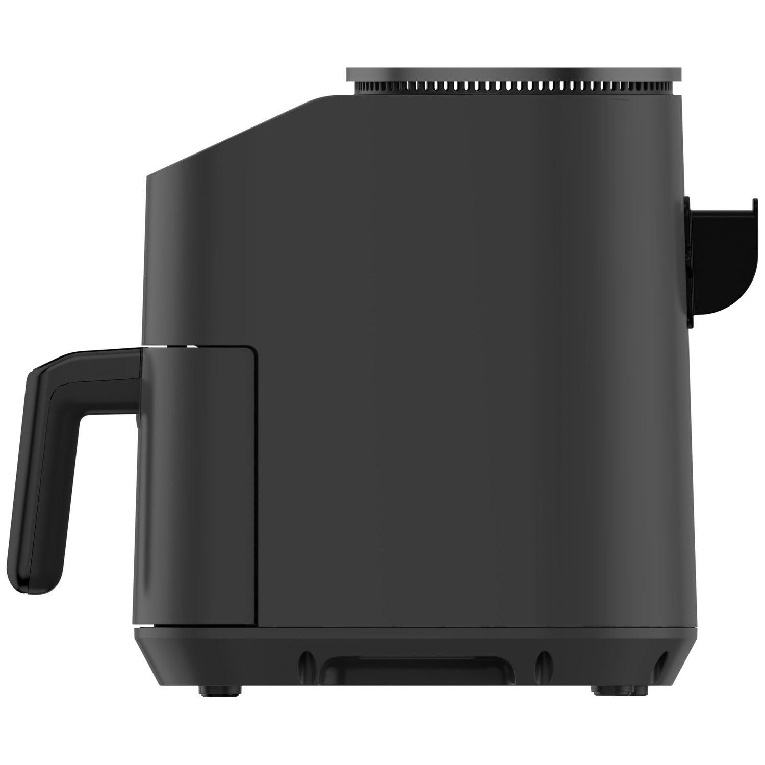 Black air fryer with a handle and ventilation slots on top.