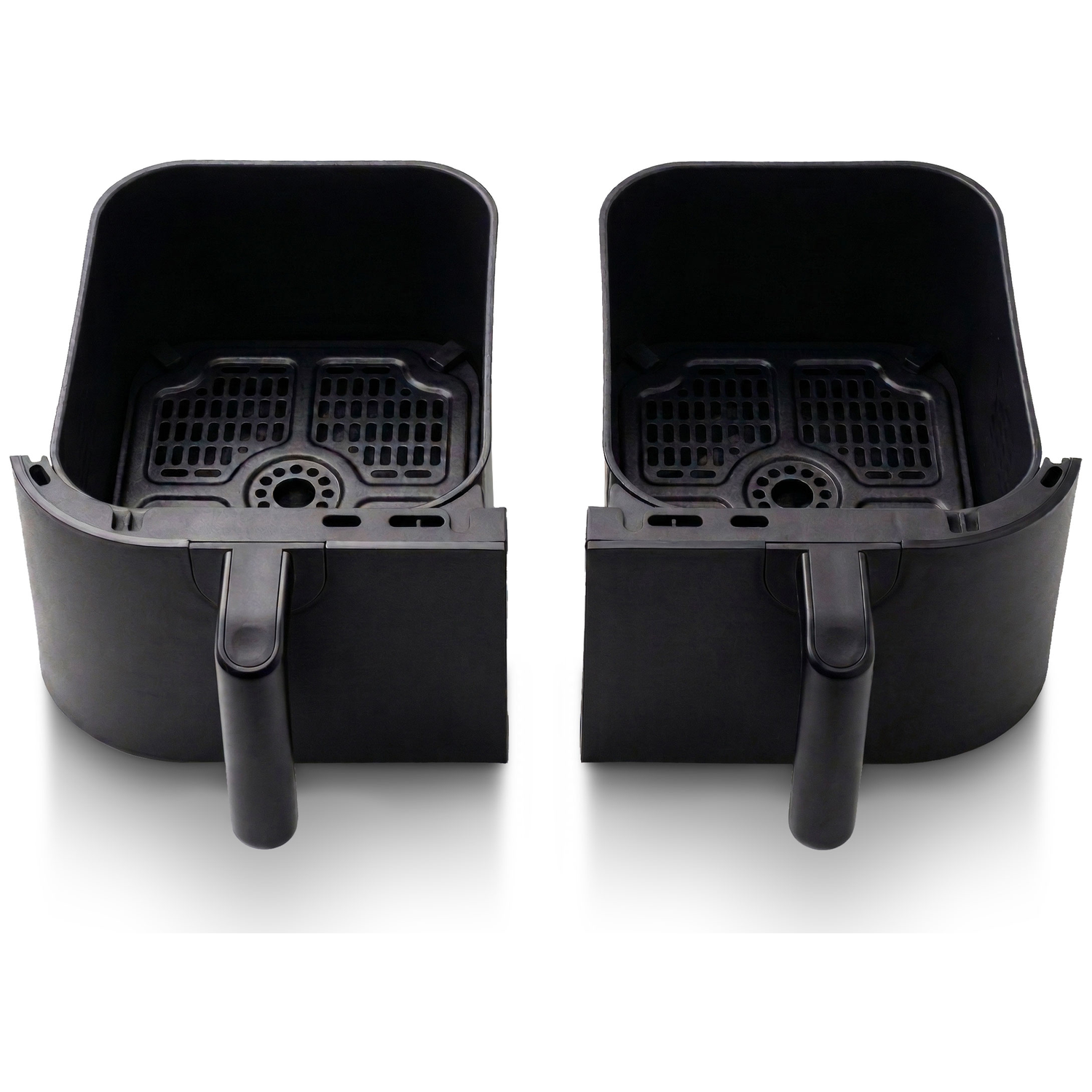 Two empty black air fryer baskets with handles on a white background.