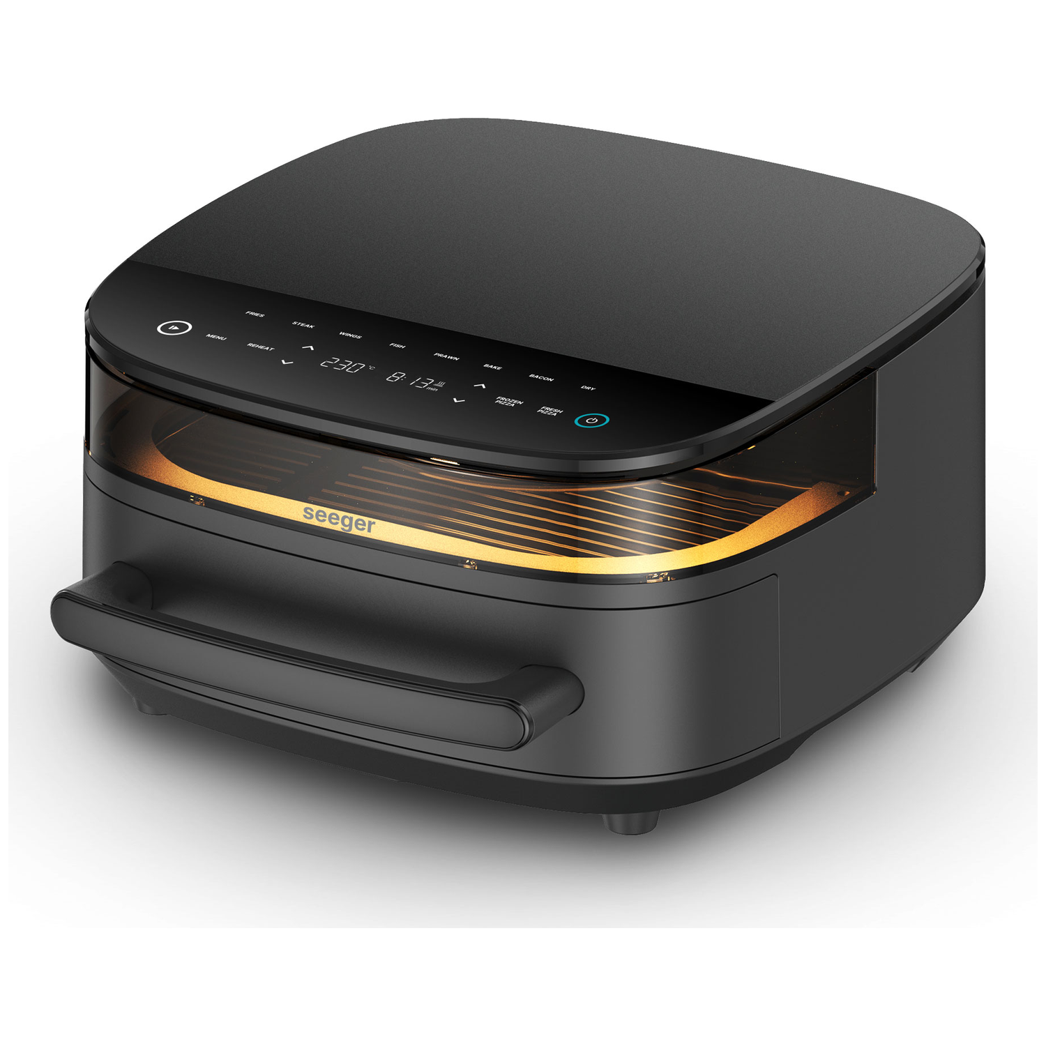 Black air fryer oven with a glass window and digital display.