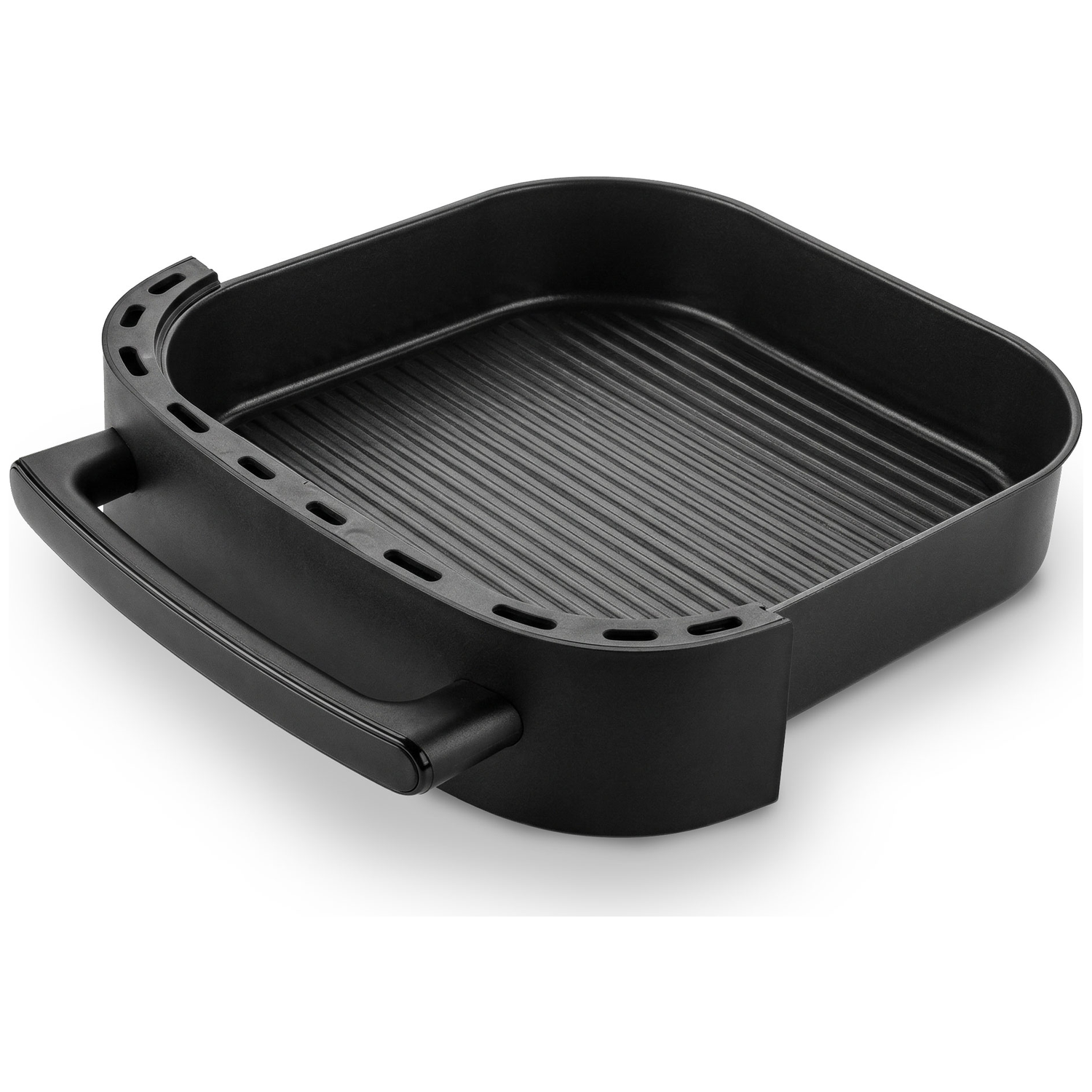 Black grill pan with handle and ribbed interior.