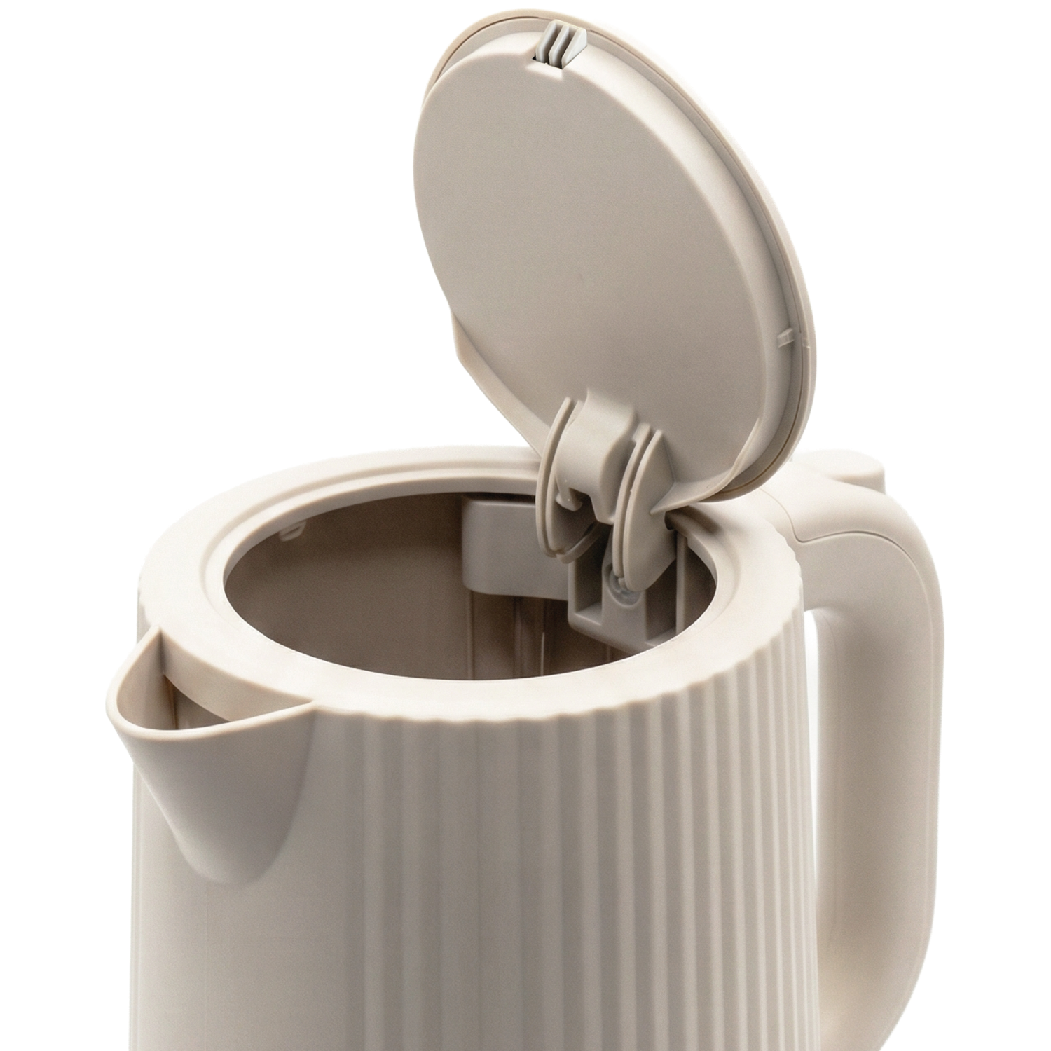 Beige electric kettle with lid open and ribbed texture.