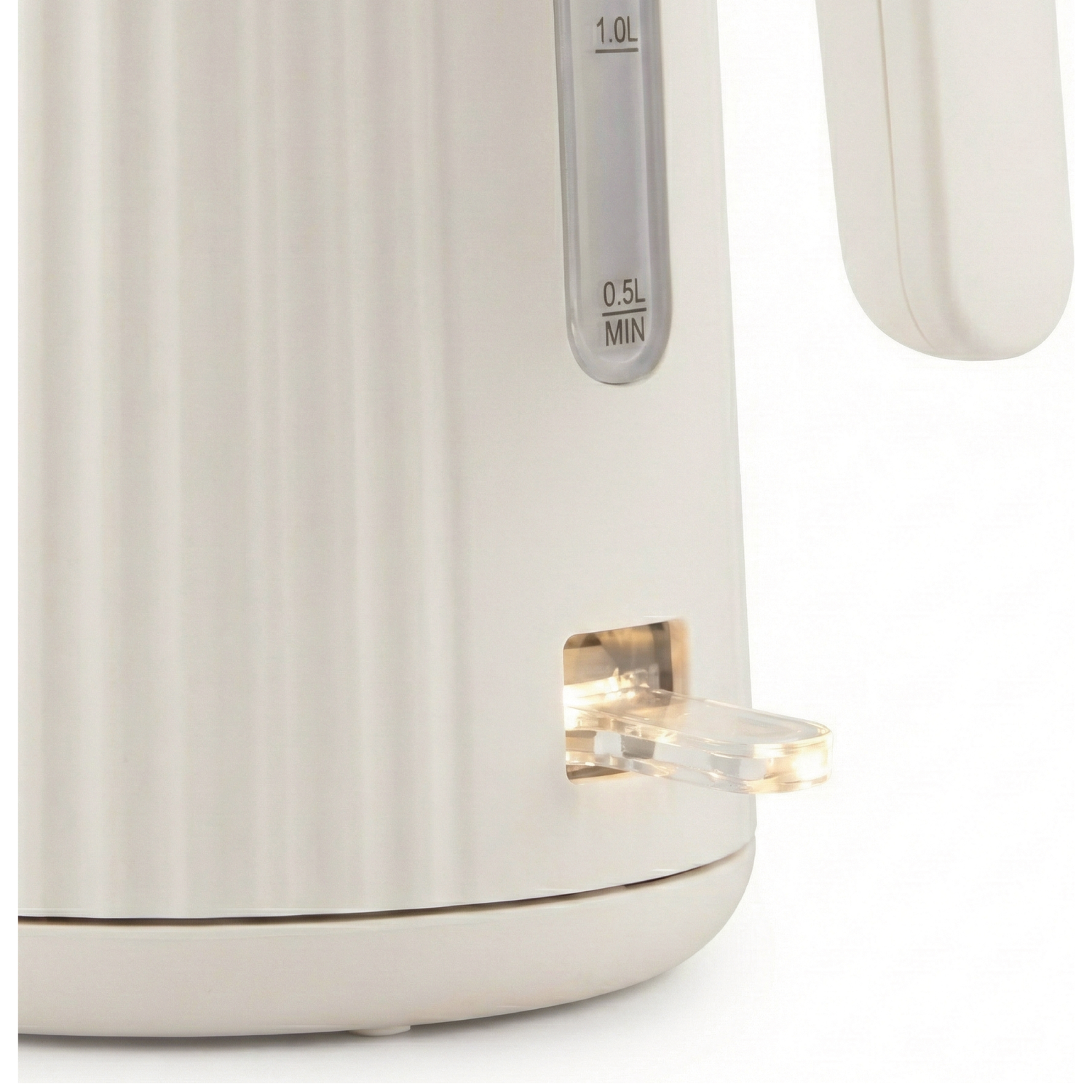 A close-up of an off-white electric kettle with a ribbed texture, a clear water level indicator, and an illuminated power switch.