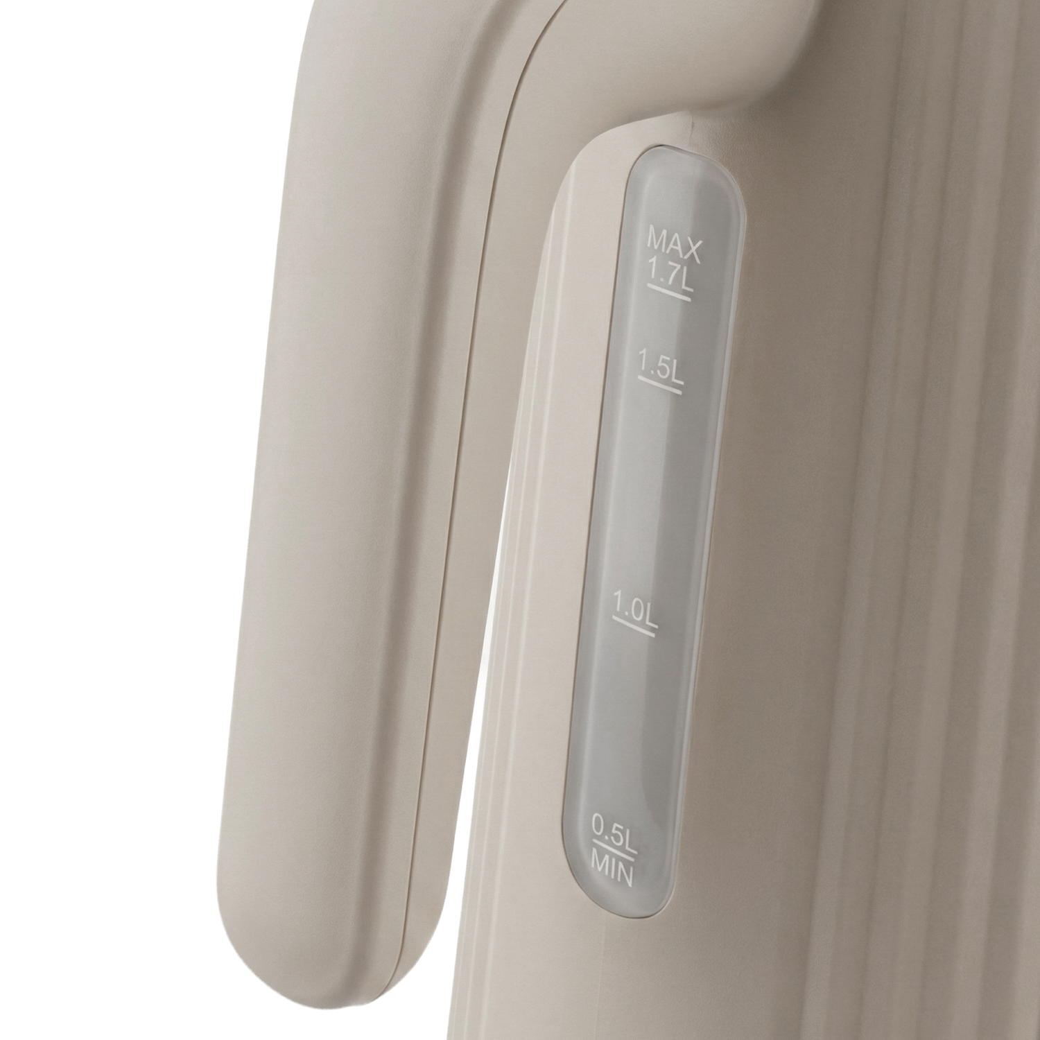 Beige kettle with water level indicator from 0.5L to 1.7L.