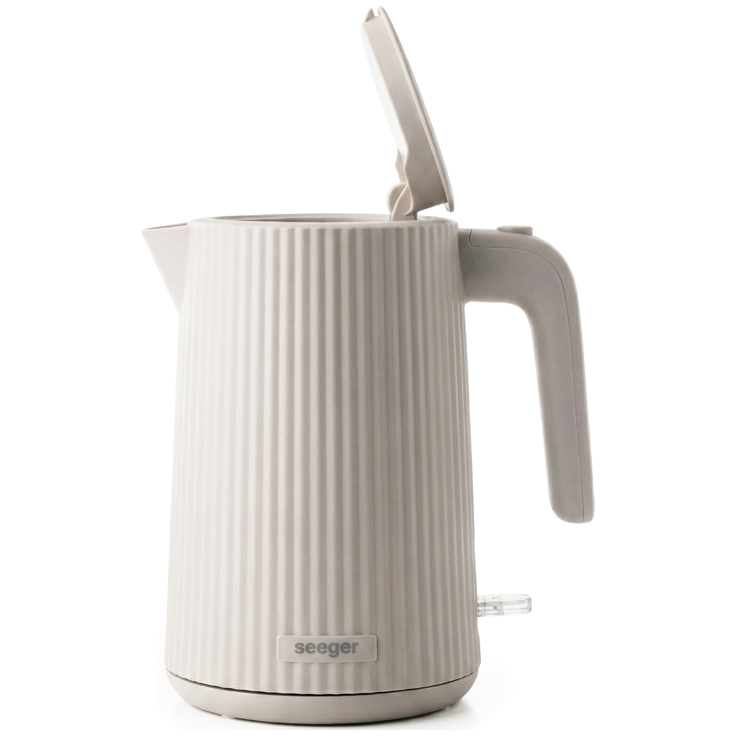 A cream-colored ribbed kettle with its lid open and a handle.