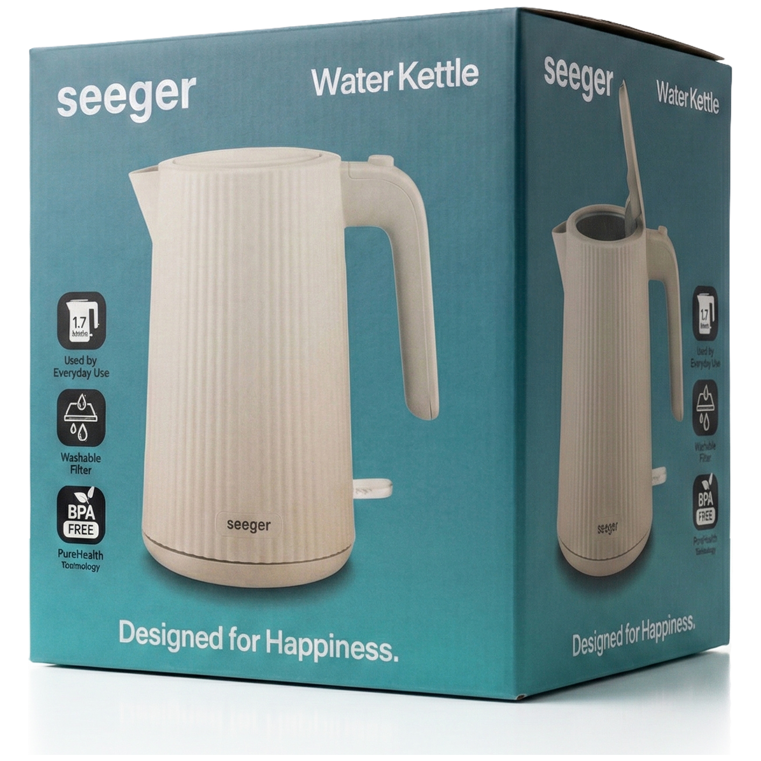 Box for a beige Seeger water kettle with features like 1.7L, washable filter, BPA free.