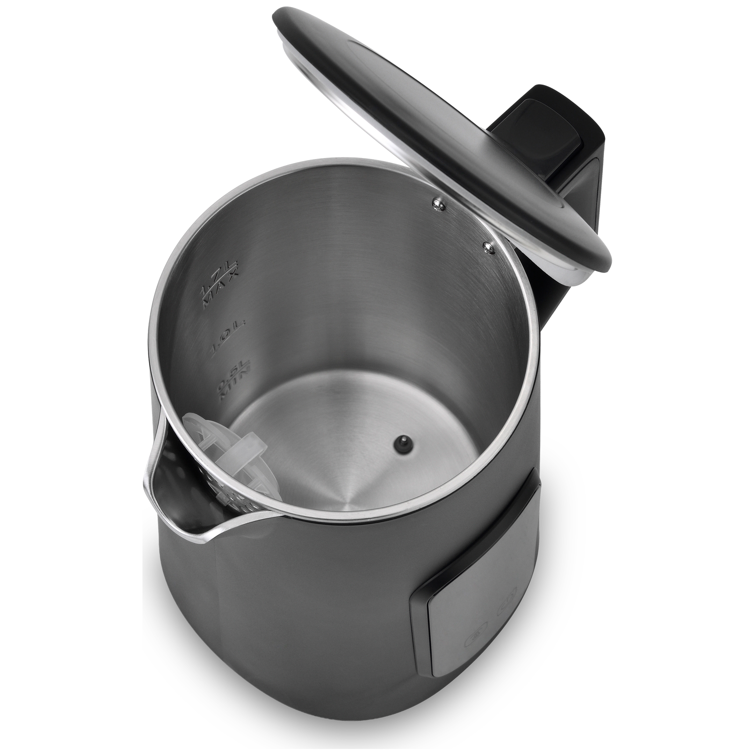 Een open grijze metalen waterkoker met handvat en deksel.