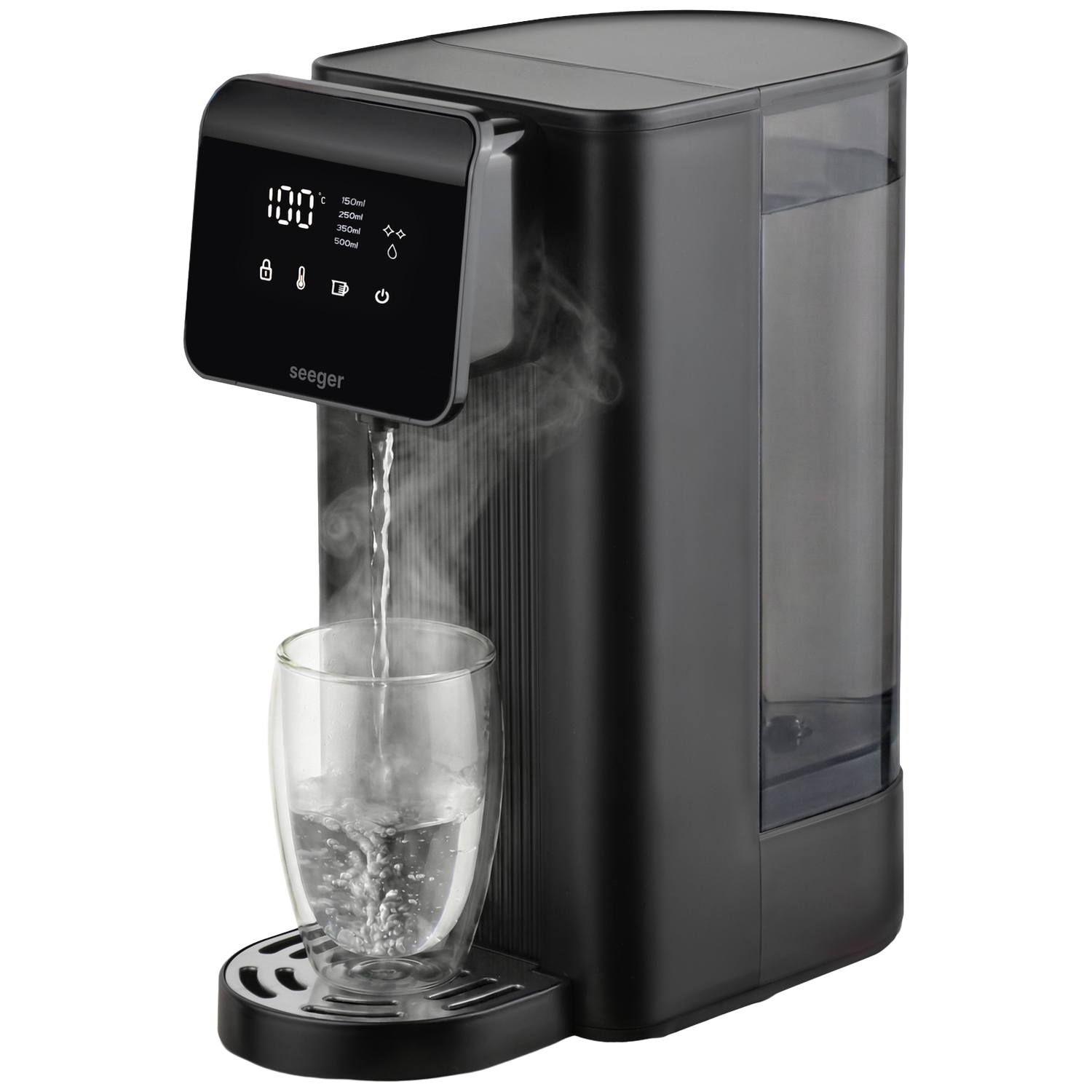 Een zwarte Seeger instant heetwaterdispenser schenkt heet water in een helder glas.