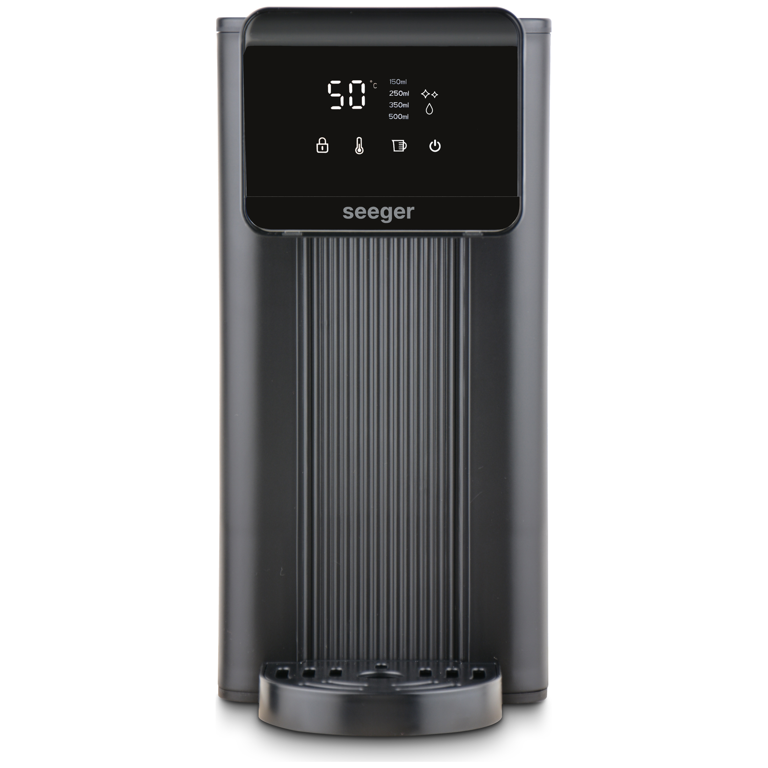 Een zwarte Seeger waterdispenser met een digitaal display dat 50 graden Celsius aangeeft.