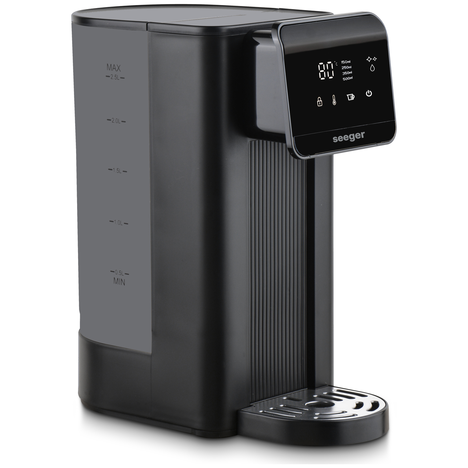 Zwarte waterdispenser met digitaal display waarop 80°C en volumeopties worden weergegeven.