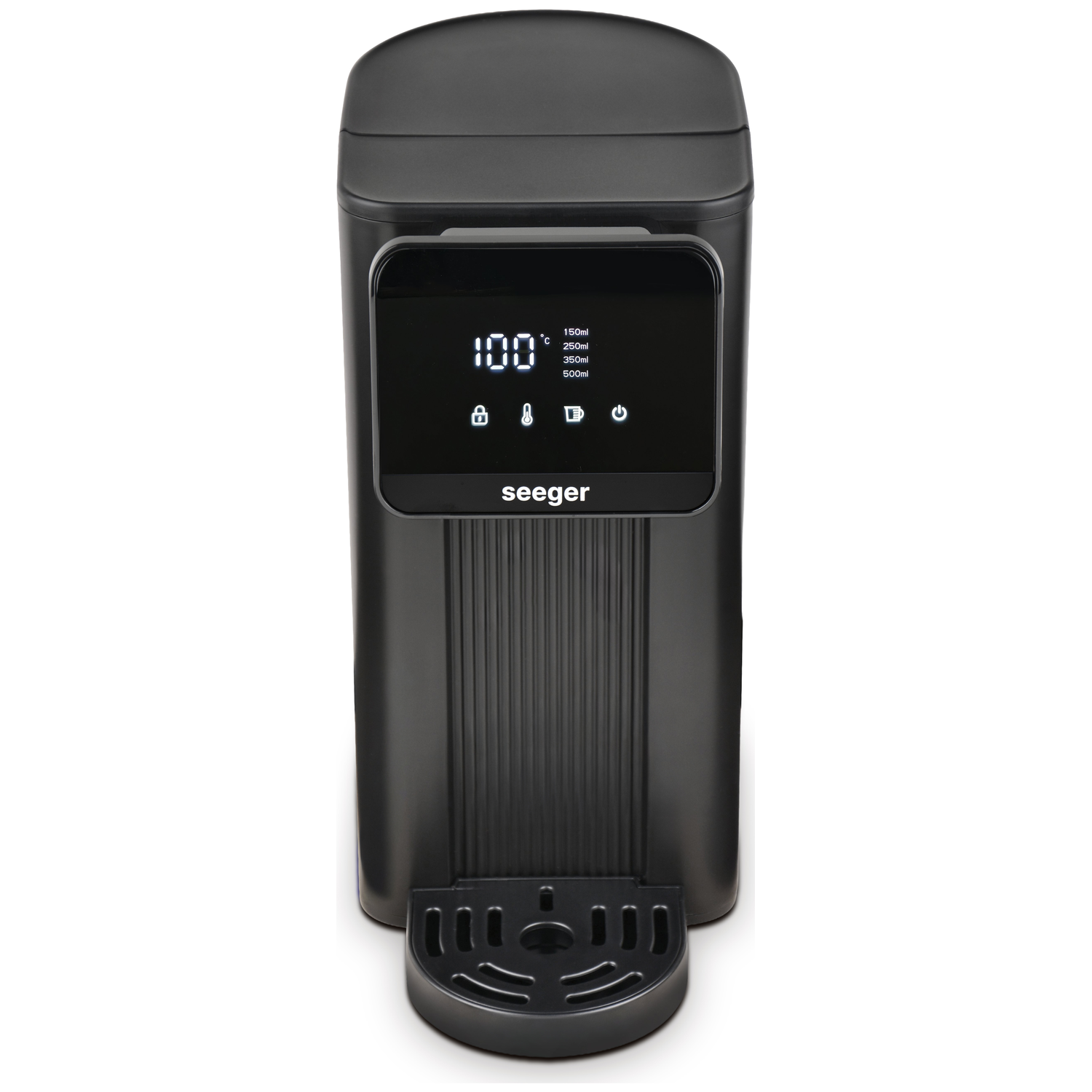 Zwarte waterdispenser met digitaal display, 100°C en volume-opties.