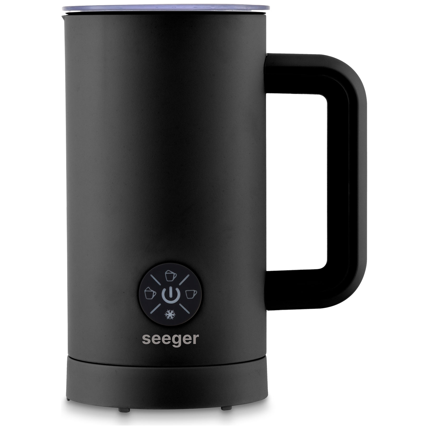 A black milk frother with a handle and control buttons.